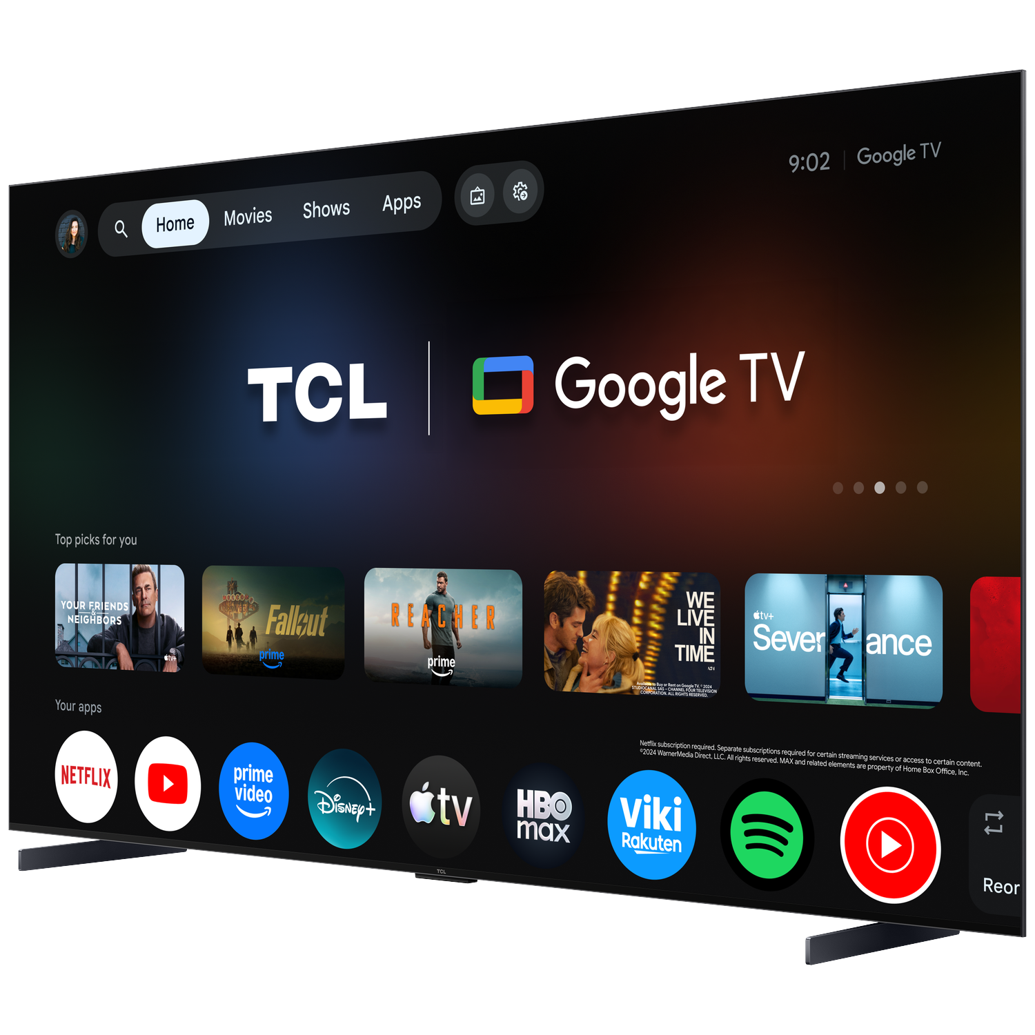 A TCL Google TV displaying apps like Netflix, YouTube, and Prime Video.