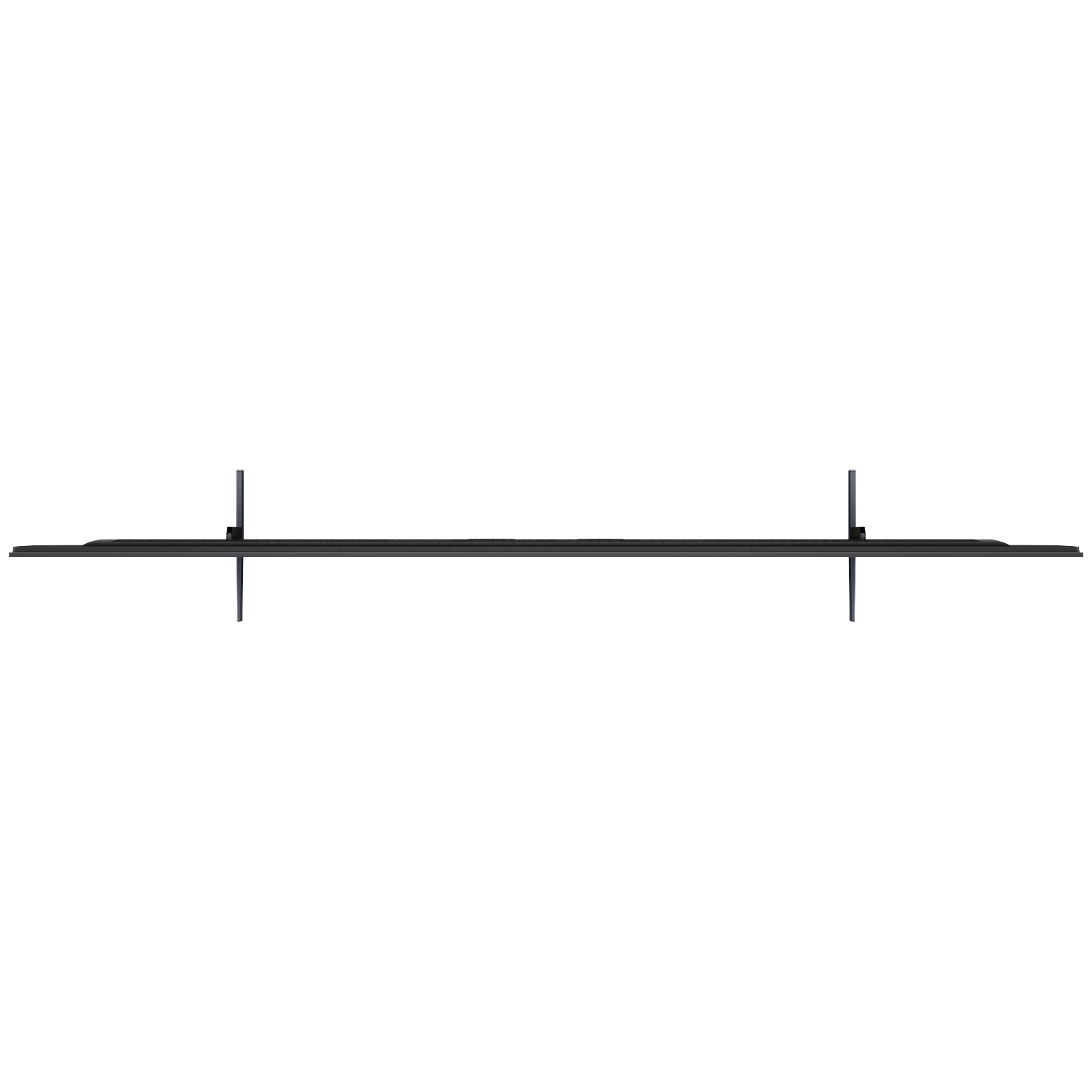 A wide black television with two narrow stand legs.