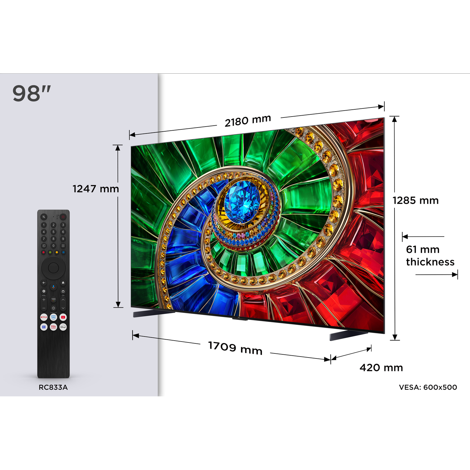 98-inch TV with remote control and dimensions.