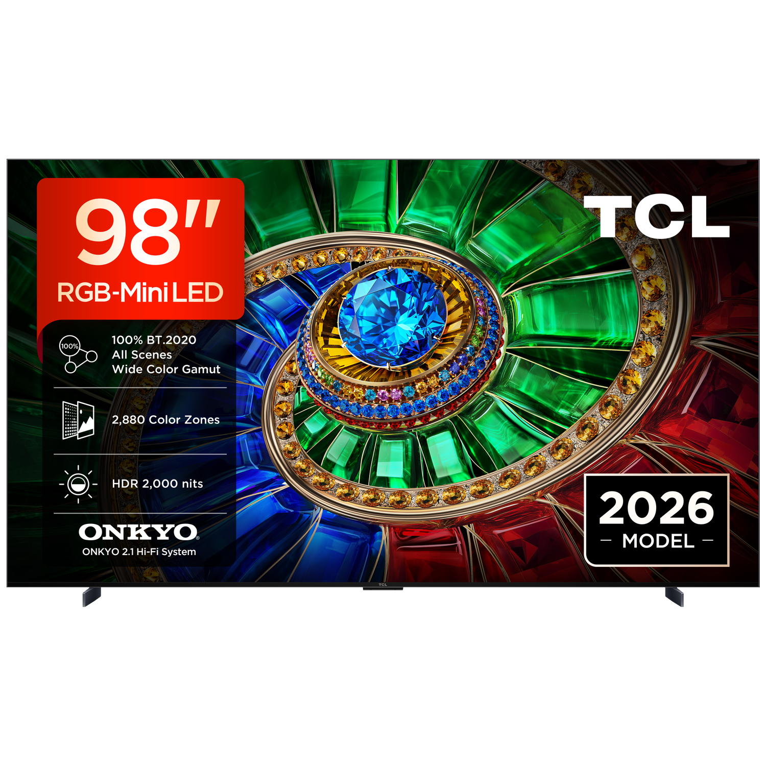 TCL 98-inch RGB-Mini LED TV with 2,880 zones, HDR 2,000 nits, and Onkyo sound system.