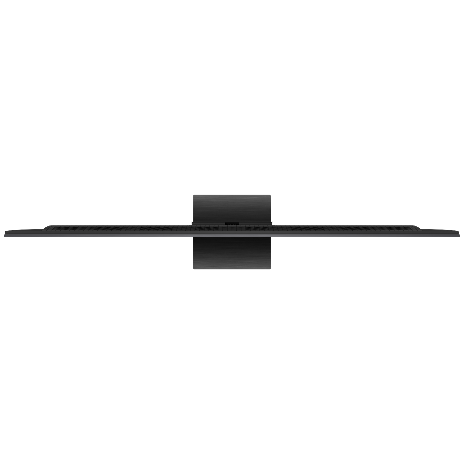 A black television with a wide, thin screen and a rectangular stand viewed from above.