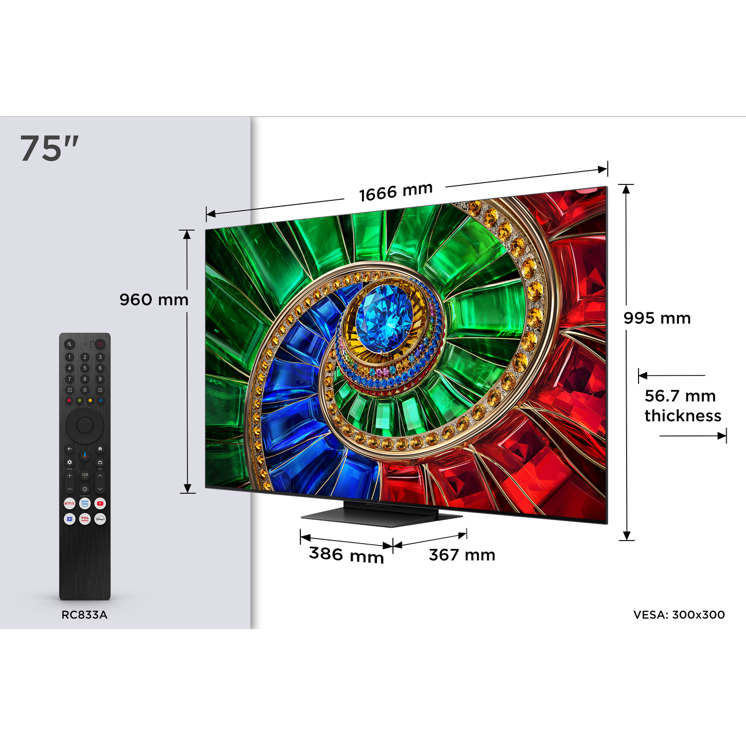 A 75-inch TV with remote control and dimensions shown.