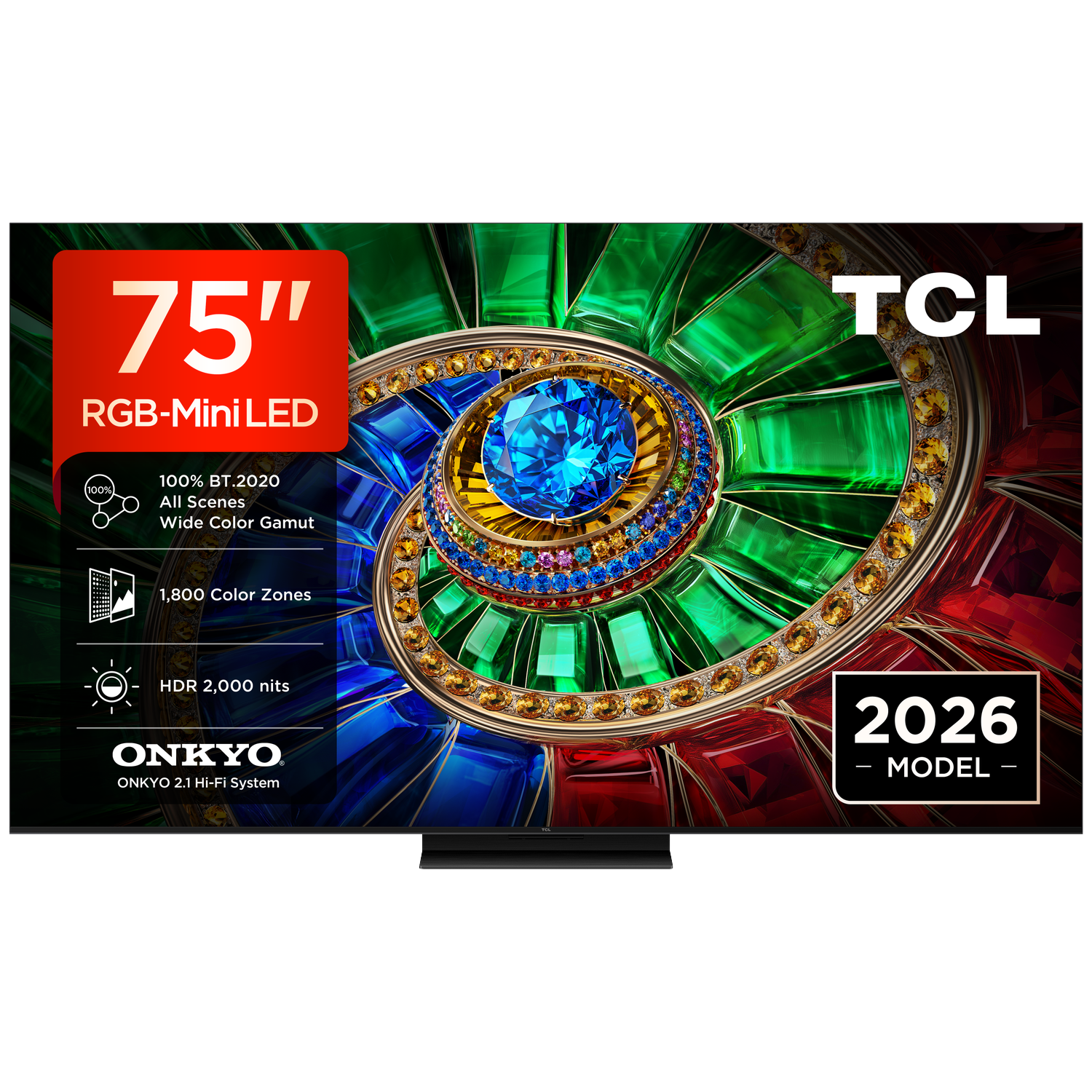 TCL 75-inch Mini-LED TV featuring RGB colors, 1800 zones, HDR 2000 nits & Onkyo sound.