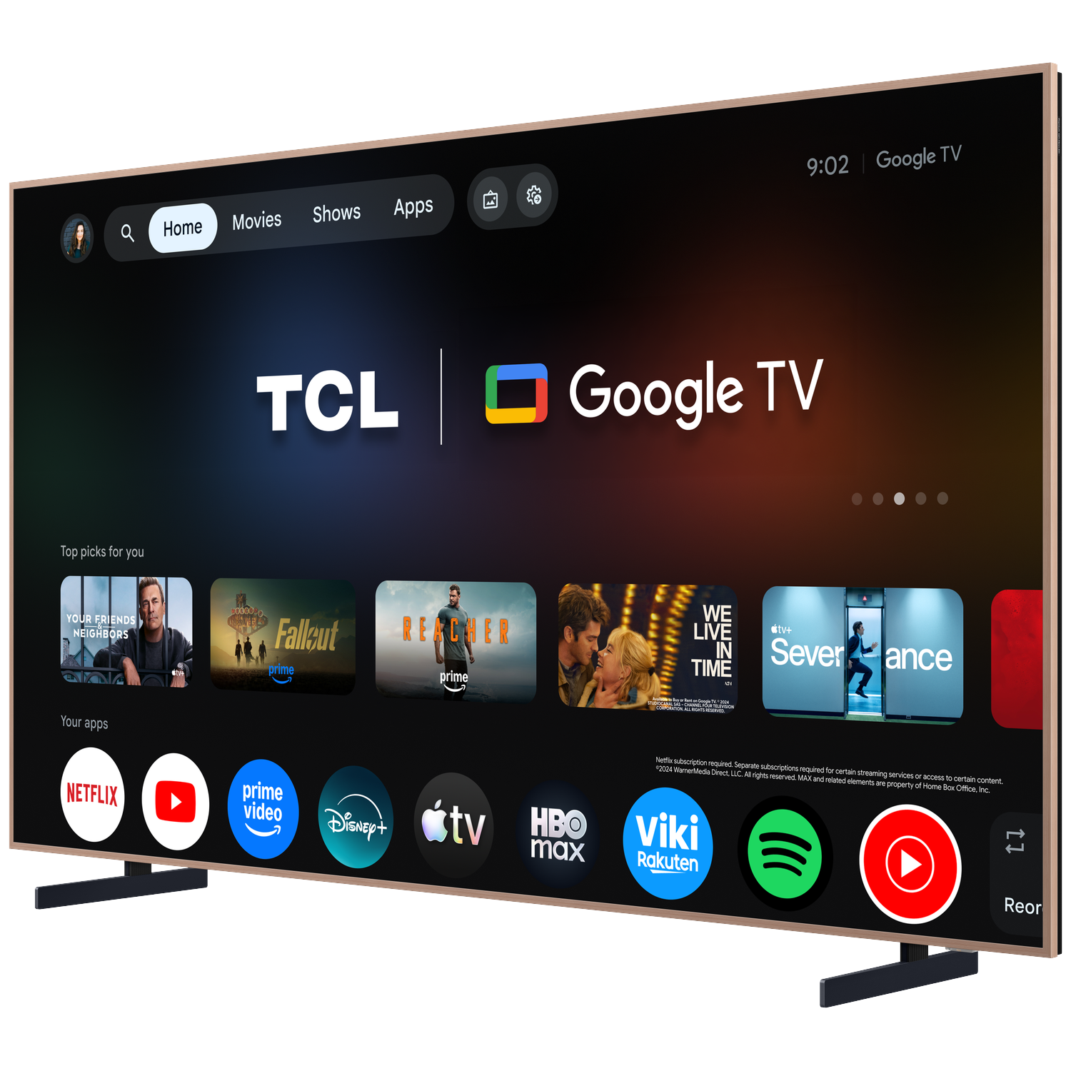TCL Google TV startscherm met apps zoals Netflix, YouTube en Prime Video.