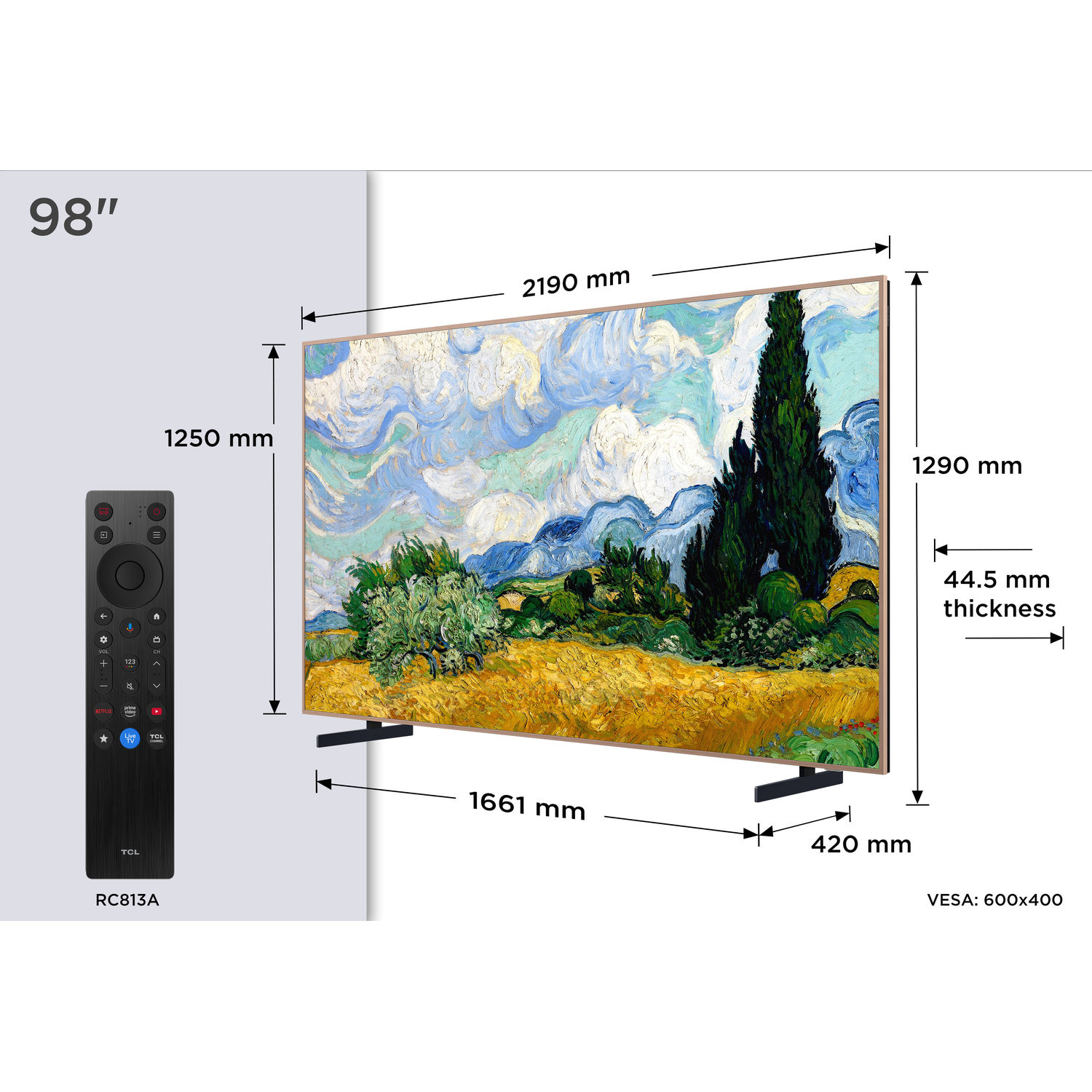 98-inch tv met standaard, afstandsbediening en afmetingen.