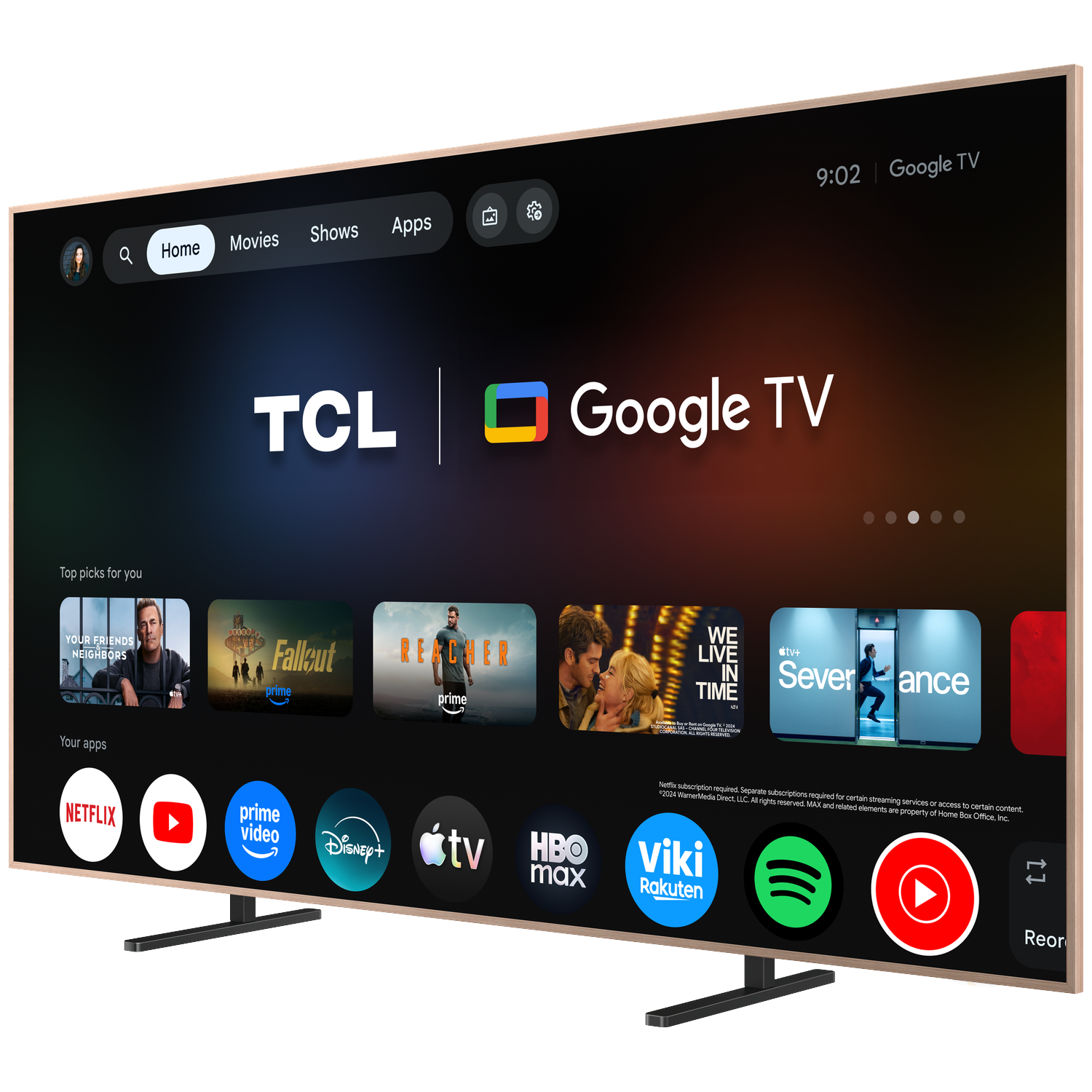 TCL Google TV met topkeuzes en apps zoals Netflix, Prime Video, Disney+.