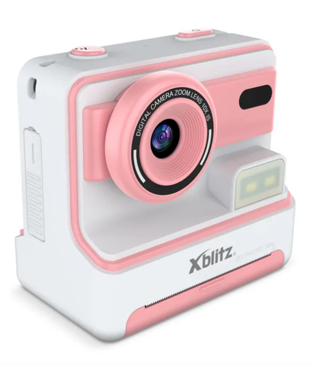 Różowy i biały aparat zabawkarski, który drukuje zdjęcia.