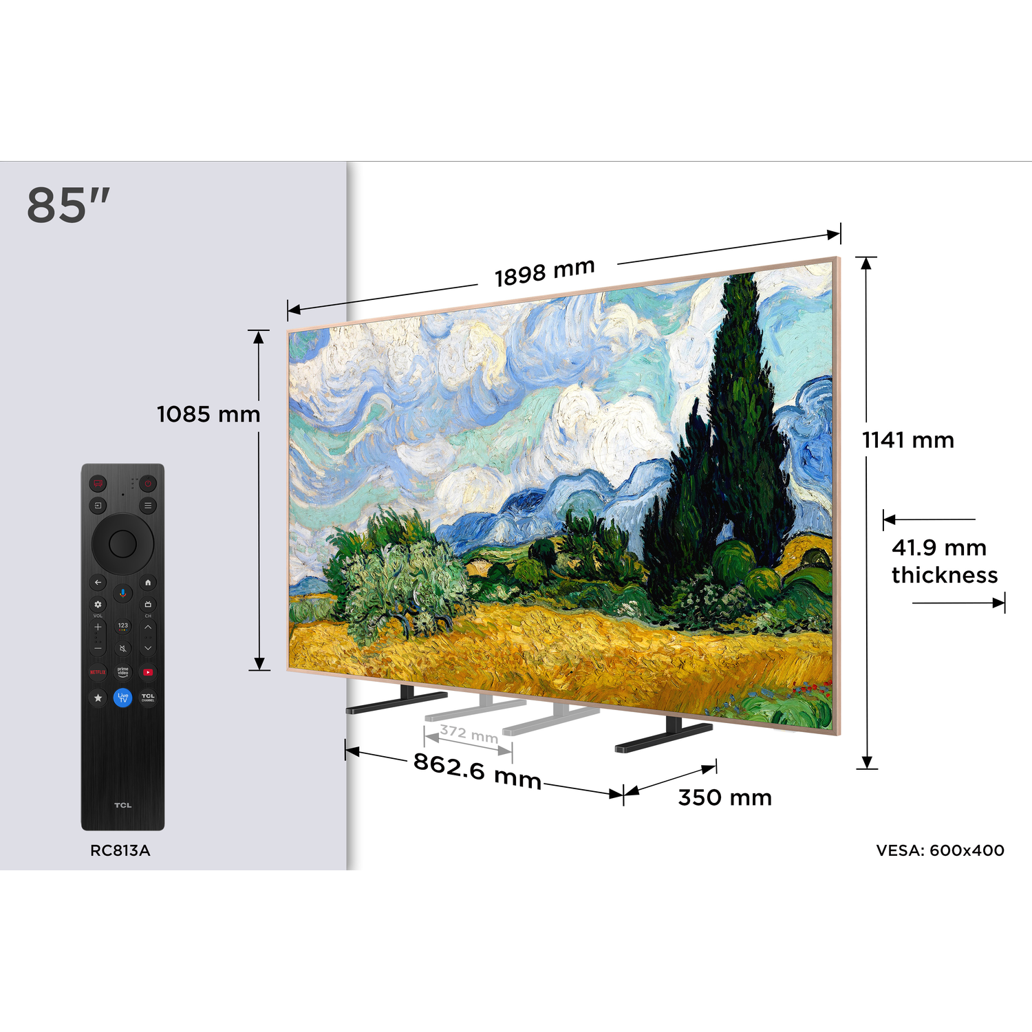 Een 85-inch tv met afstandsbediening, afmetingen en VESA-montage.