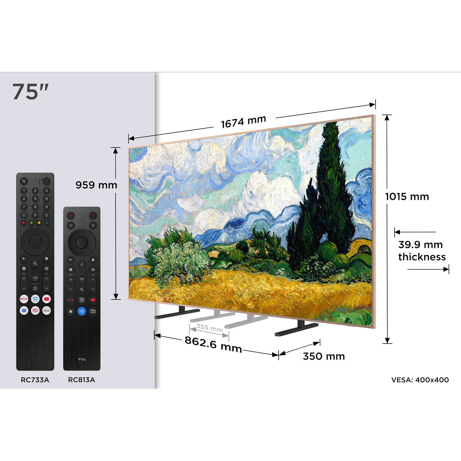 75-inch tv met afmetingen, twee afstandsbedieningen. Schilderij tarweveld.