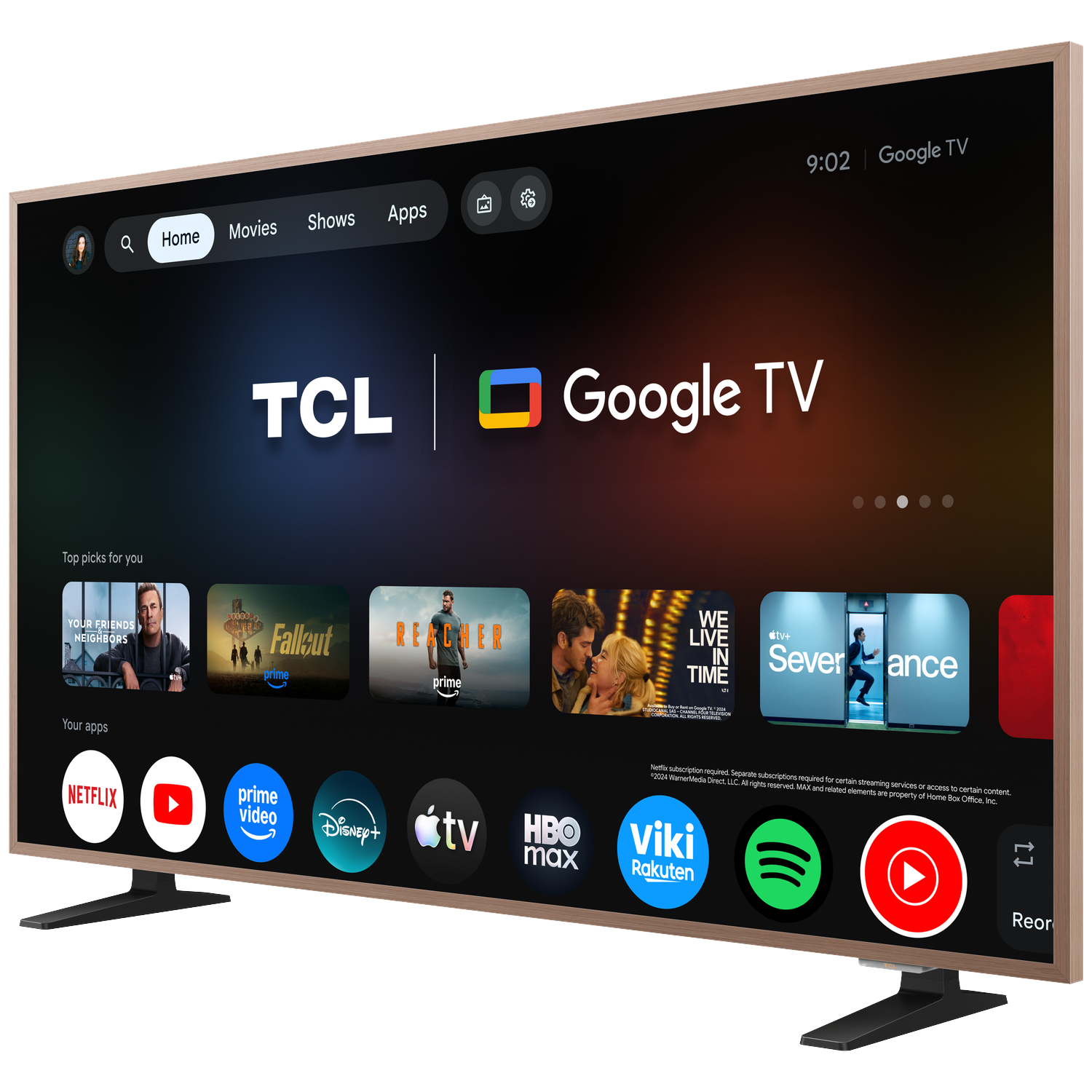 TCL Google TV startscherm met navigatie voor Home, Films, Series, Apps.
