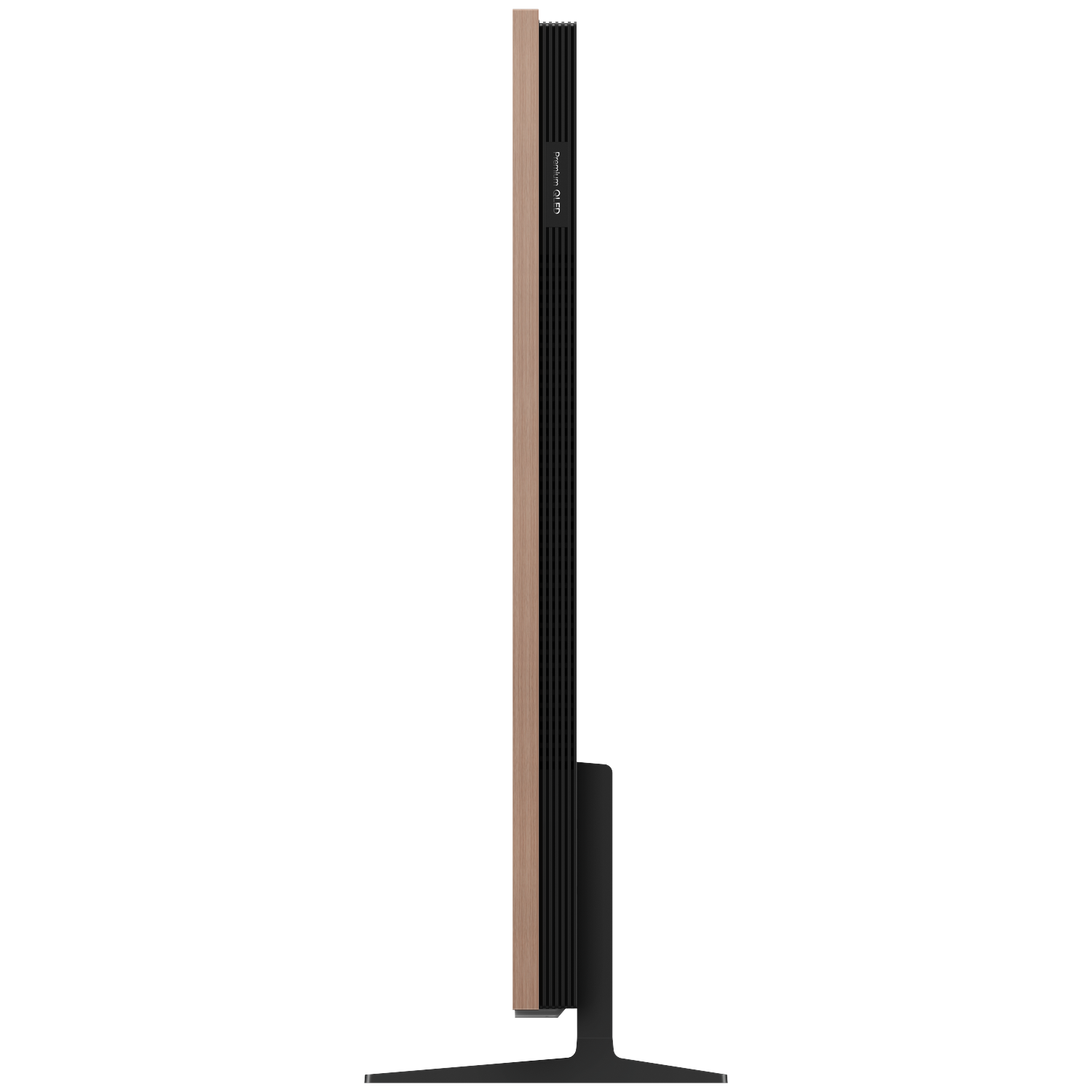 Een slanke, moderne tv met een houtnerf-afwerking aan de zijkant en een zwarte standaard.