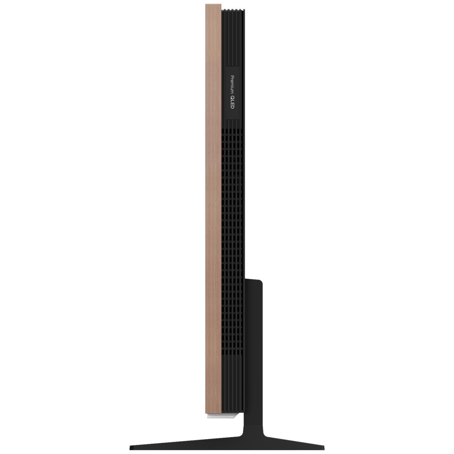 Zijaanzicht van een slanke tv met houtnerf en zwart ventilatierooster.