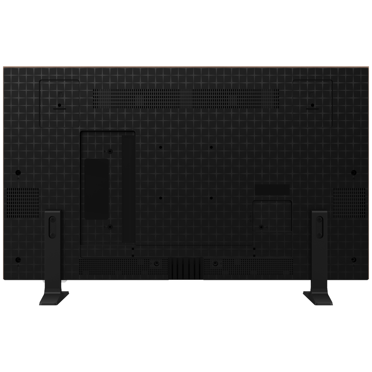 Achterkant van een tv met zwart rasterpatroon, ventilatieopeningen en standaards.