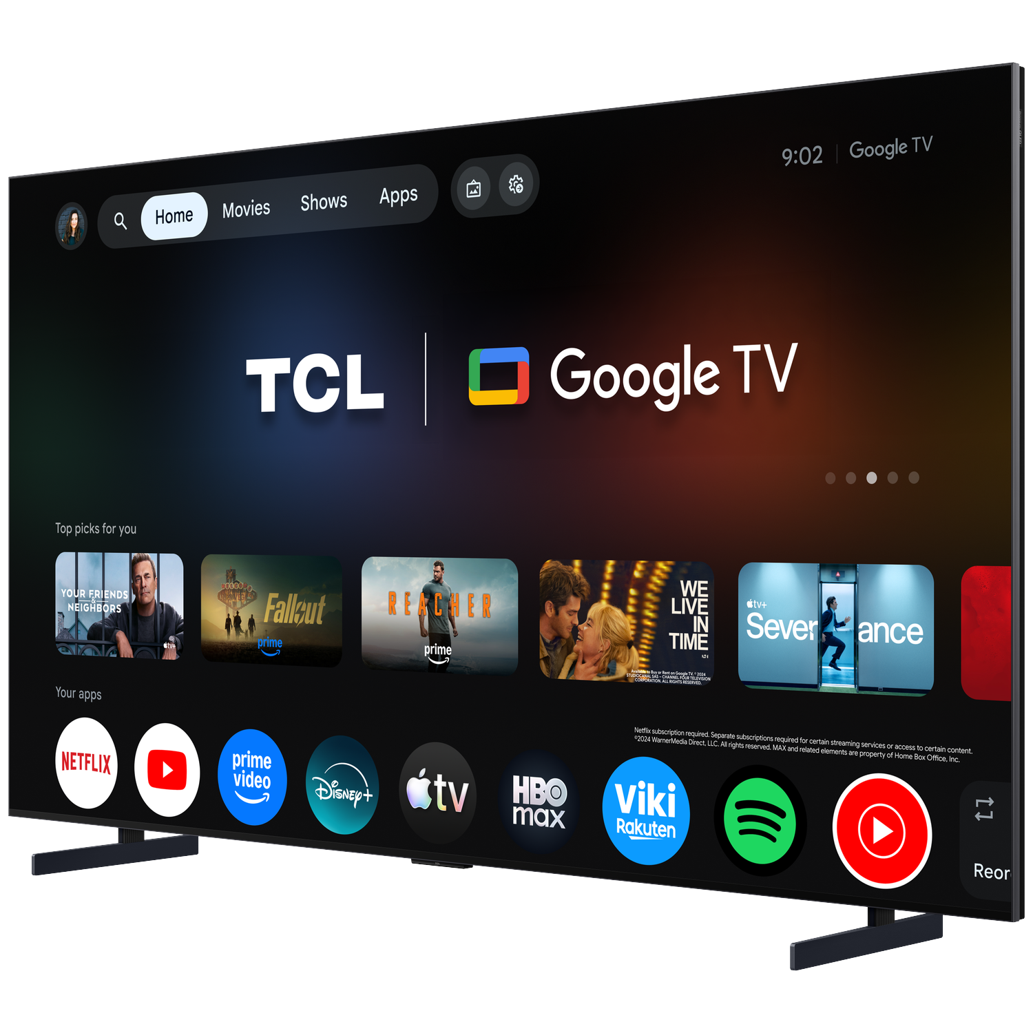 TCL Google TV-interface met topkeuzes en apps zoals Netflix, YouTube, Prime Video, Disney+.