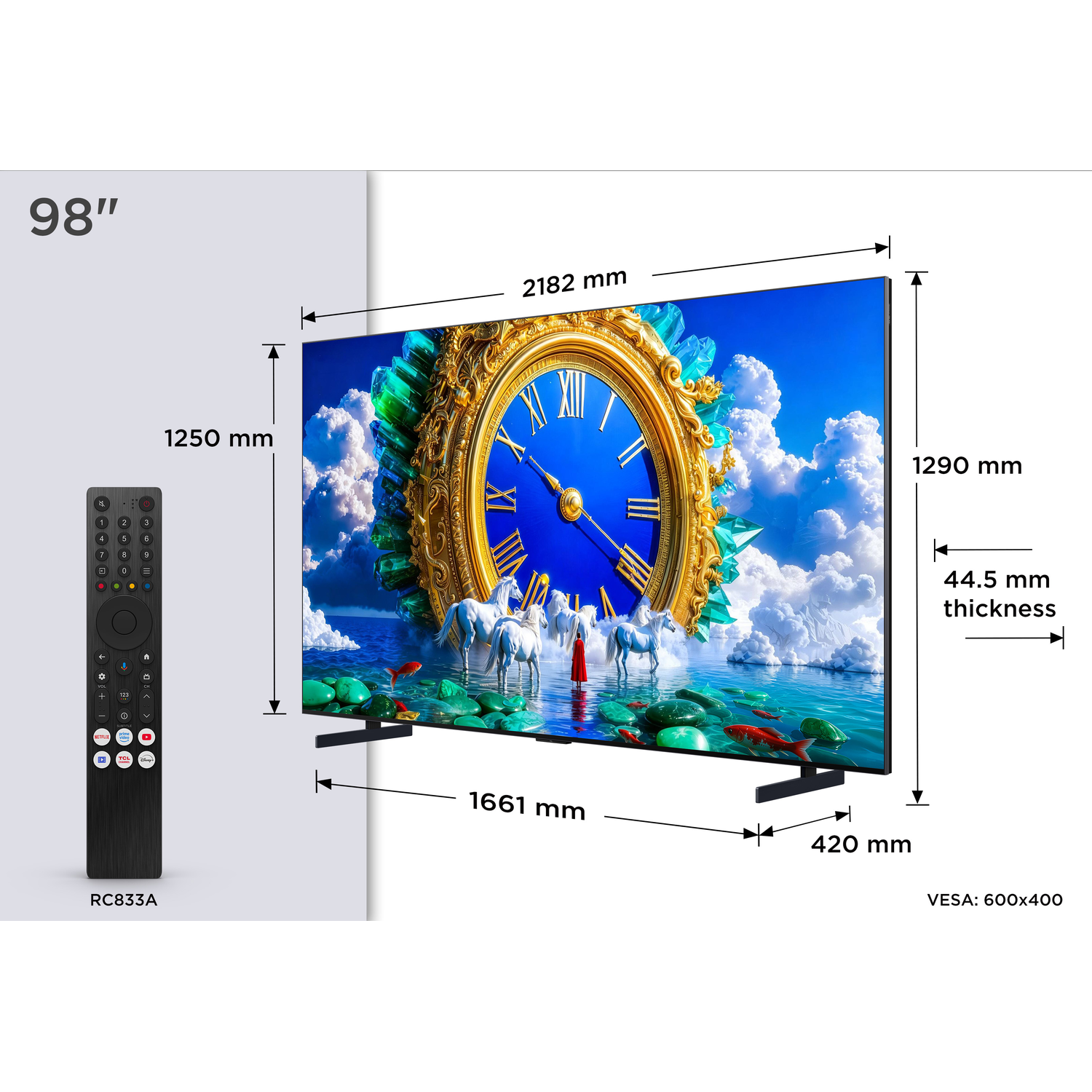 Een 98-inch tv met afstandsbediening en afmetingen.