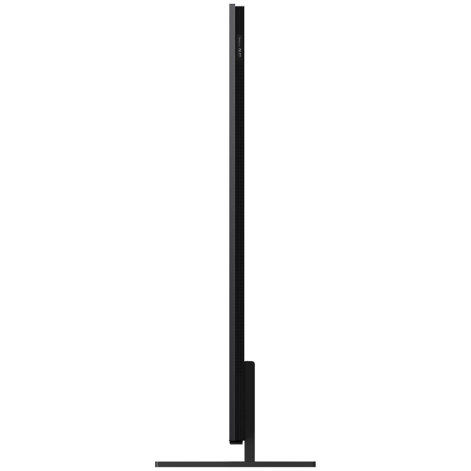 Een zwarte LG OLED TV met dunne rand en standaard.