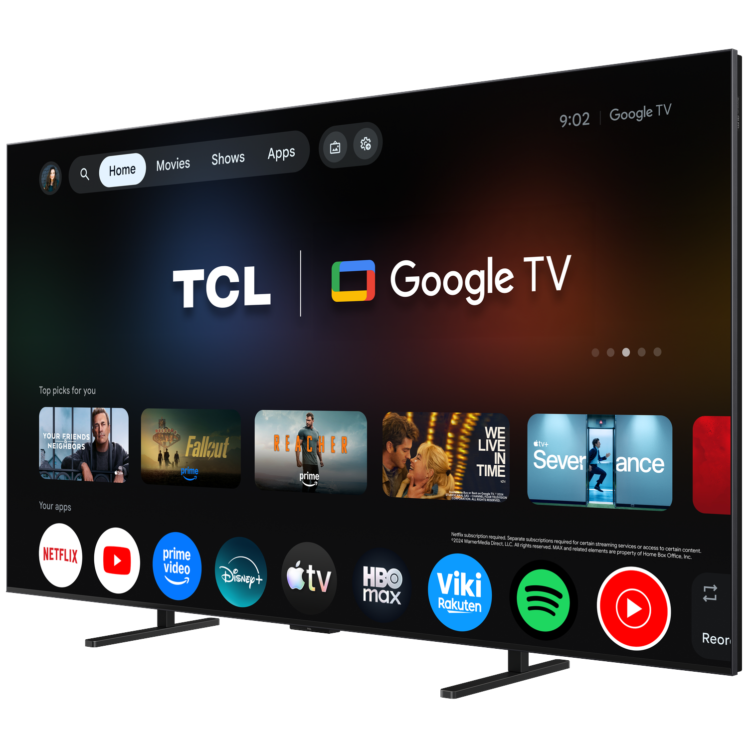 Moderne tv met Google TV-interface, toont apps zoals Netflix en Prime Video.