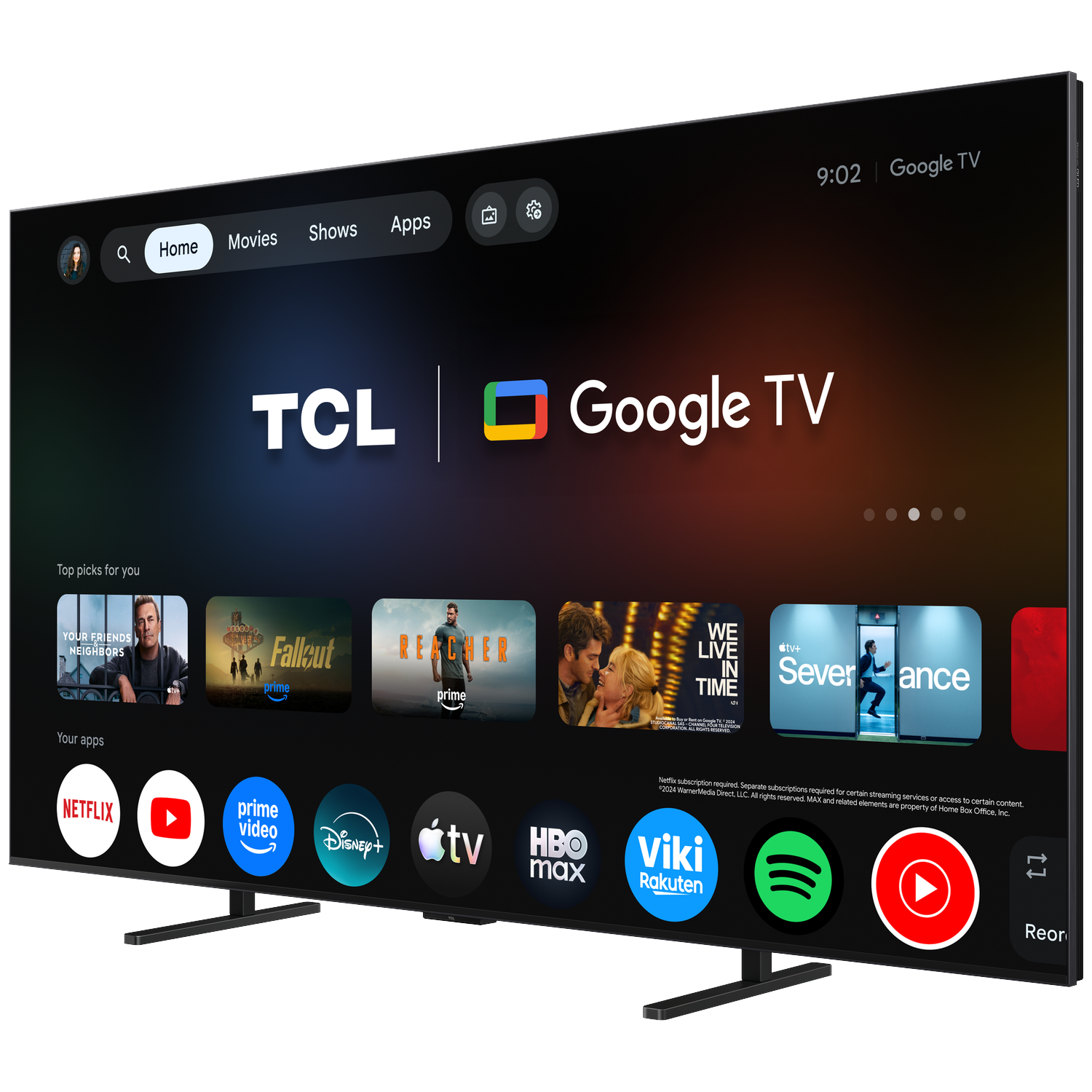 Een TCL Google TV toont apps zoals Netflix, Prime Video, Disney+ en meer.