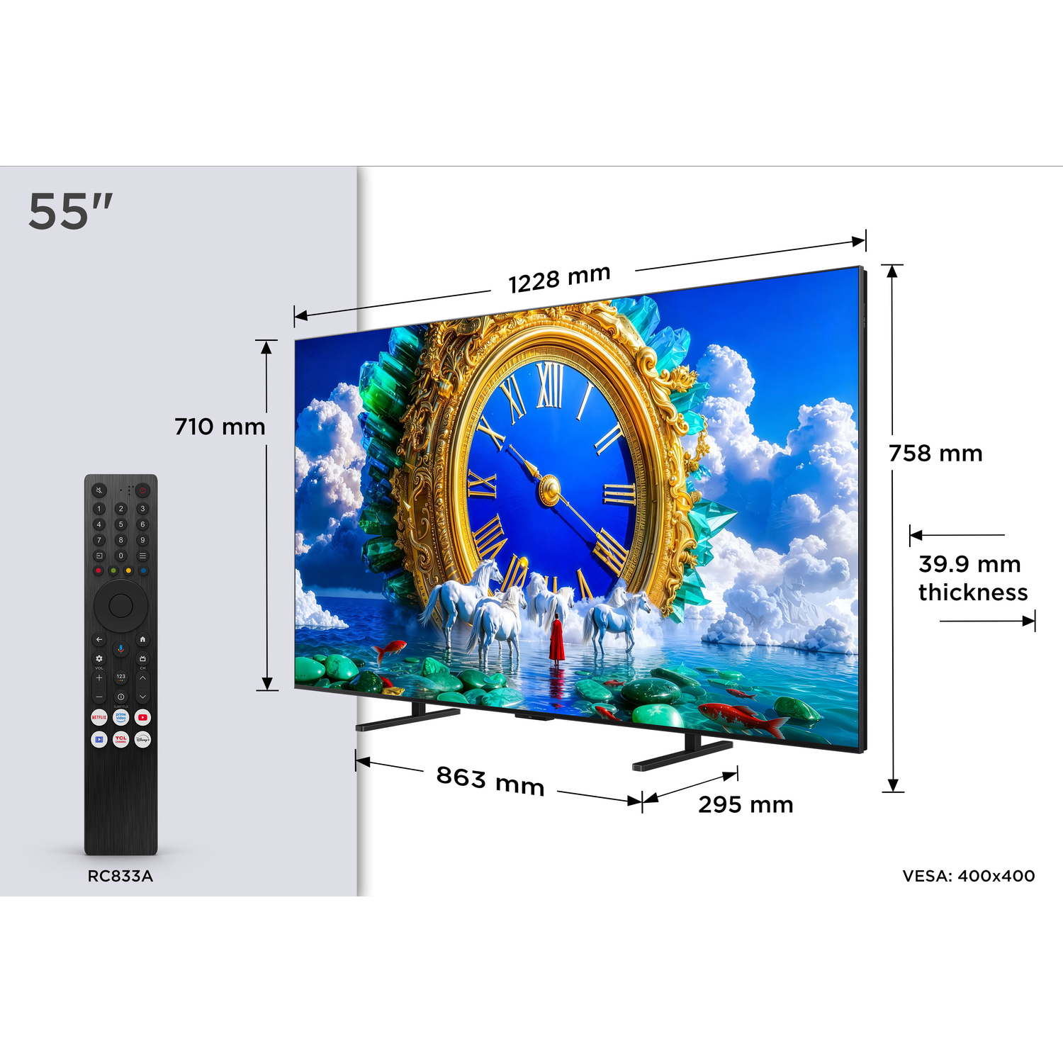 Een 55-inch tv met een surrealistisch beeld van een gouden uurwerk met paarden en vissen.