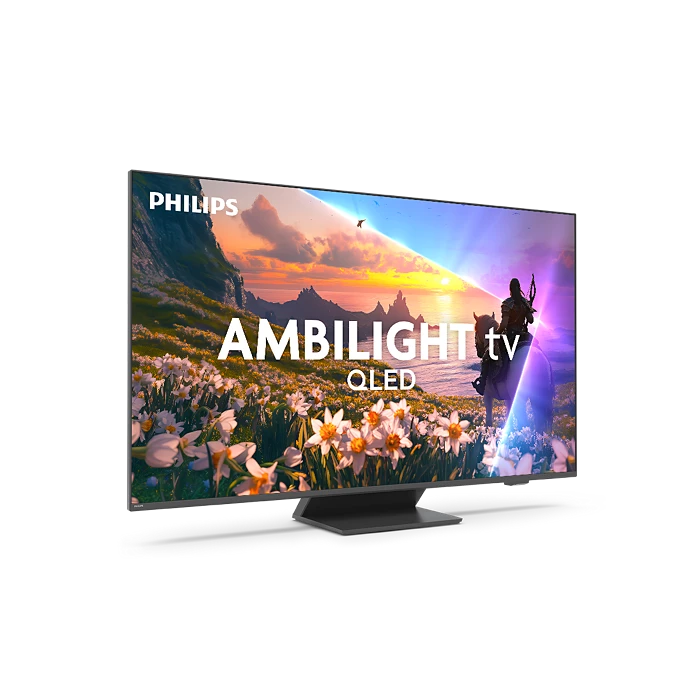 Philips Ambilight TV mit QLED-Display zeigt eine Wiese mit Blumen und eine Figur auf einem Pferd.
