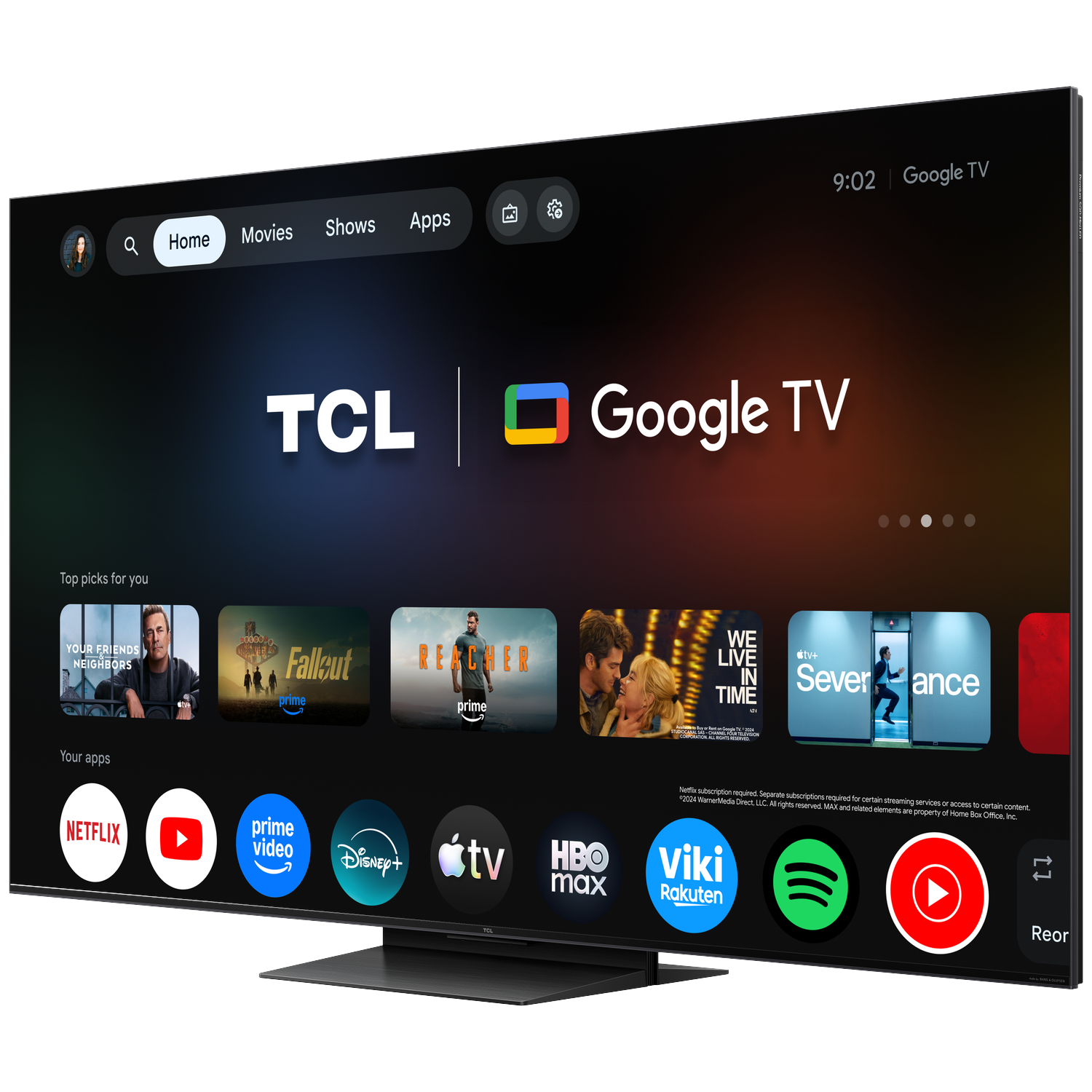 Een TCL Google TV toont apps zoals Netflix, Prime Video en Disney+. Bovenaan staan films en series.