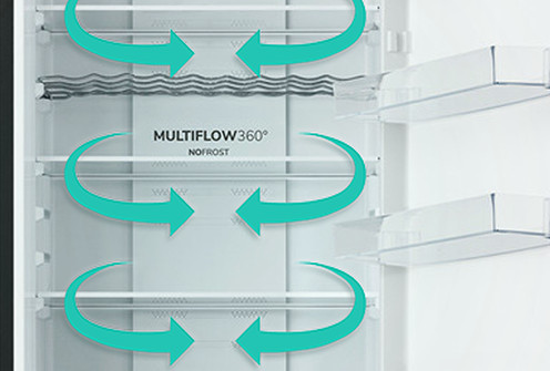 Wnętrze lodówki z MULTIFLOW360° NOFROST i strzałkami przepływu powietrza.