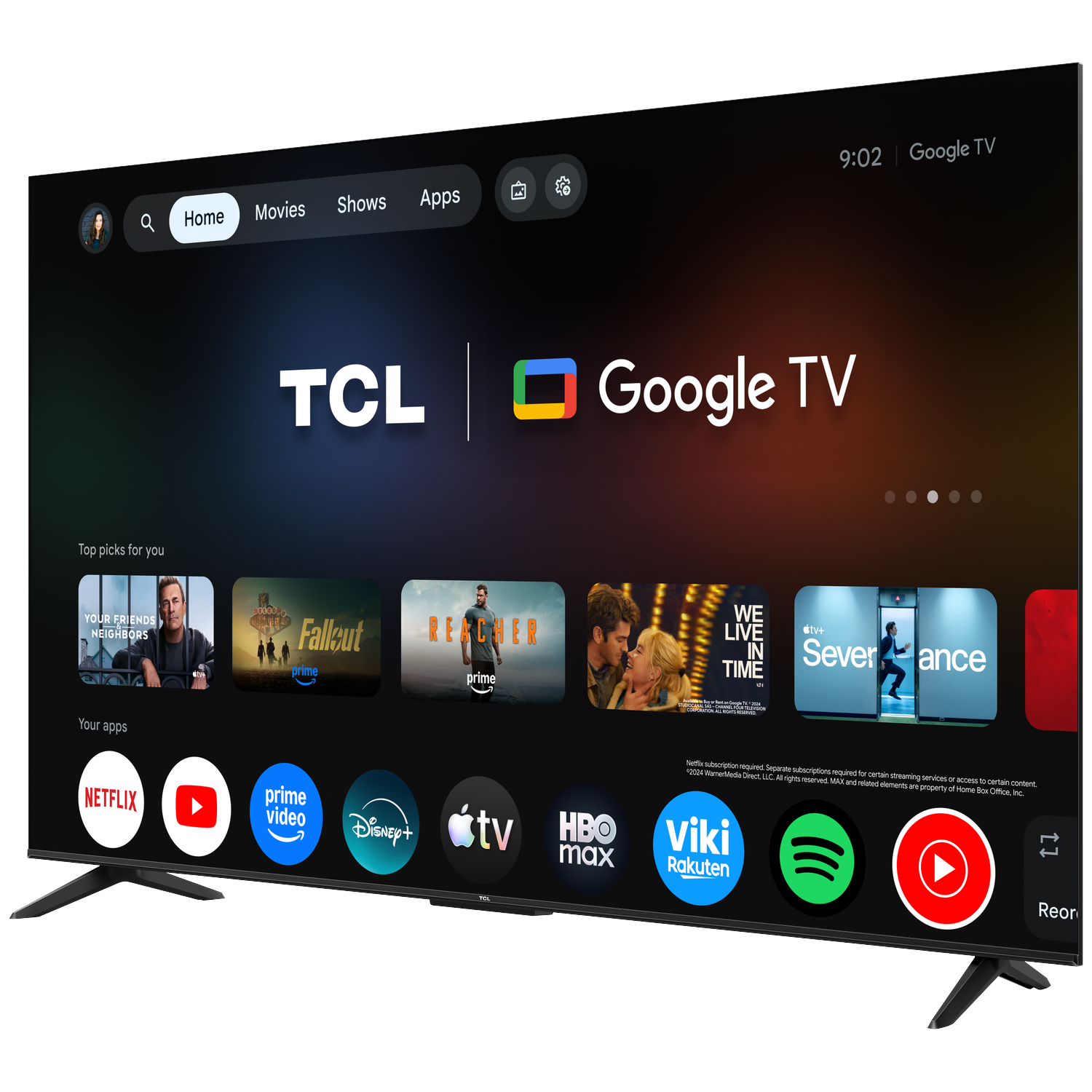 Een TCL Google TV-startscherm met apps zoals Netflix, Prime Video en Disney+. Bovenaan staan film- en serietitels.