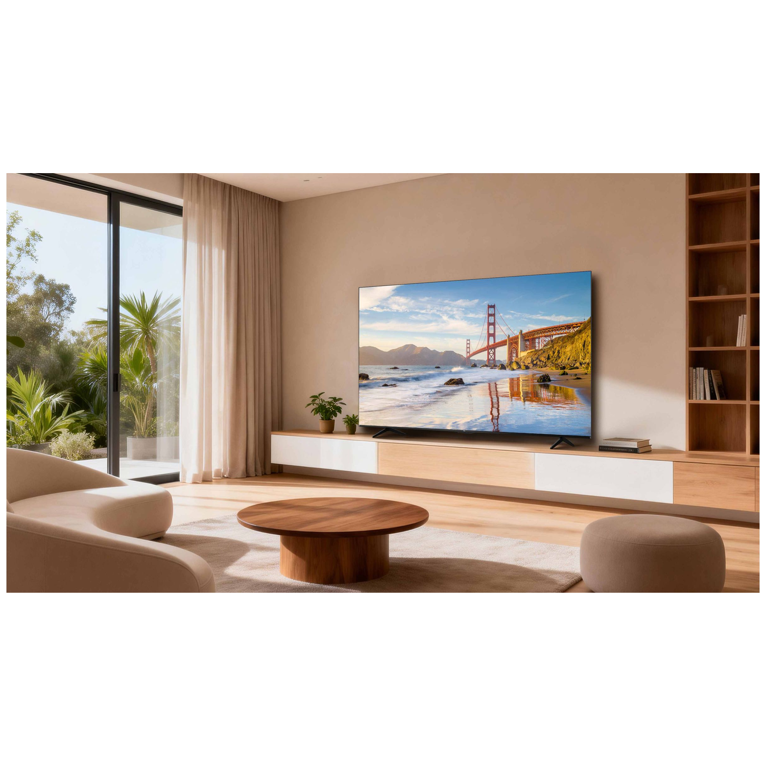 Moderne woonkamer met bank, houten tafel en tv met de Golden Gate Bridge.