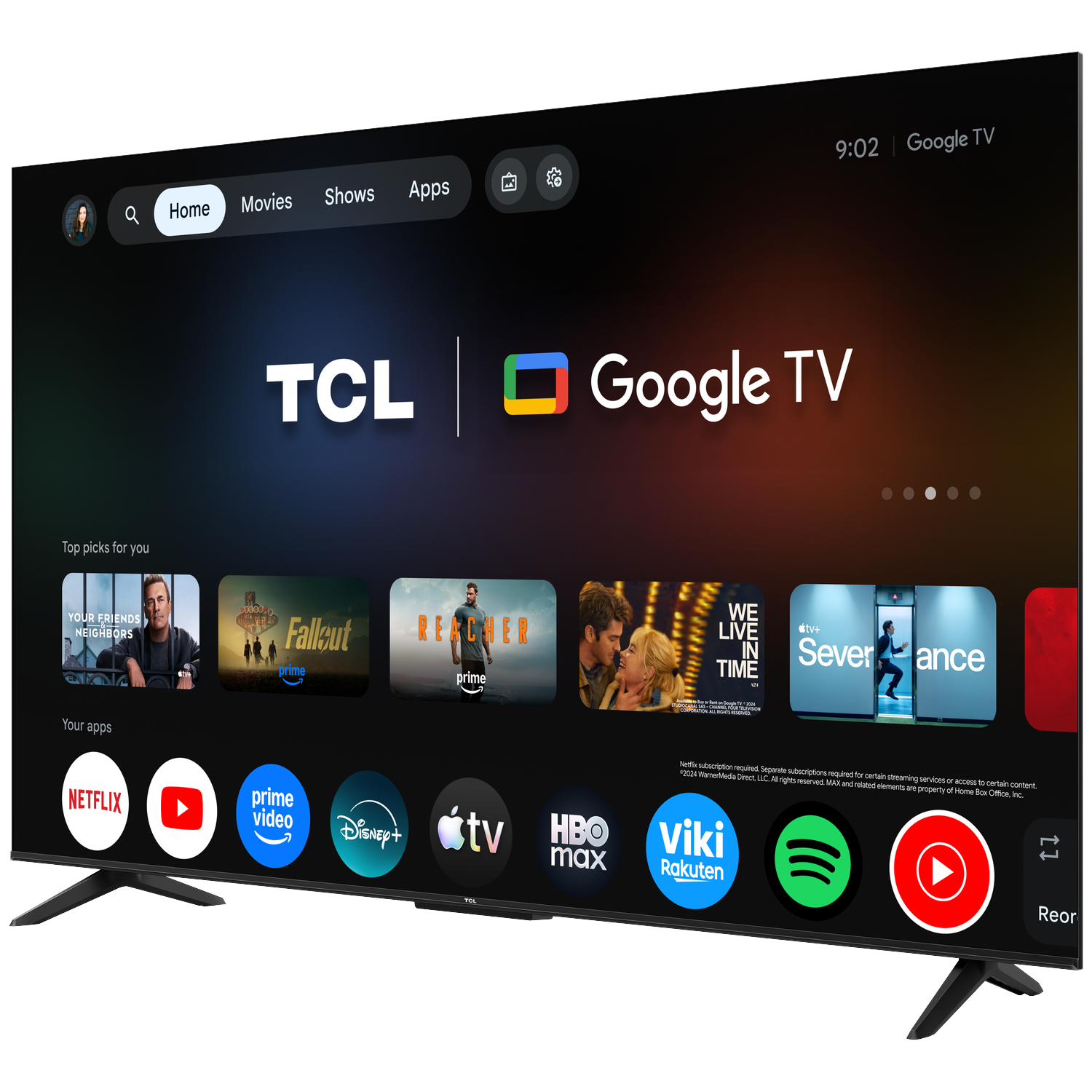 Een TCL Google TV-startscherm met apps zoals Netflix, Prime Video, Disney+, Apple TV, HBO Max, Viki, Spotify en YouTube.