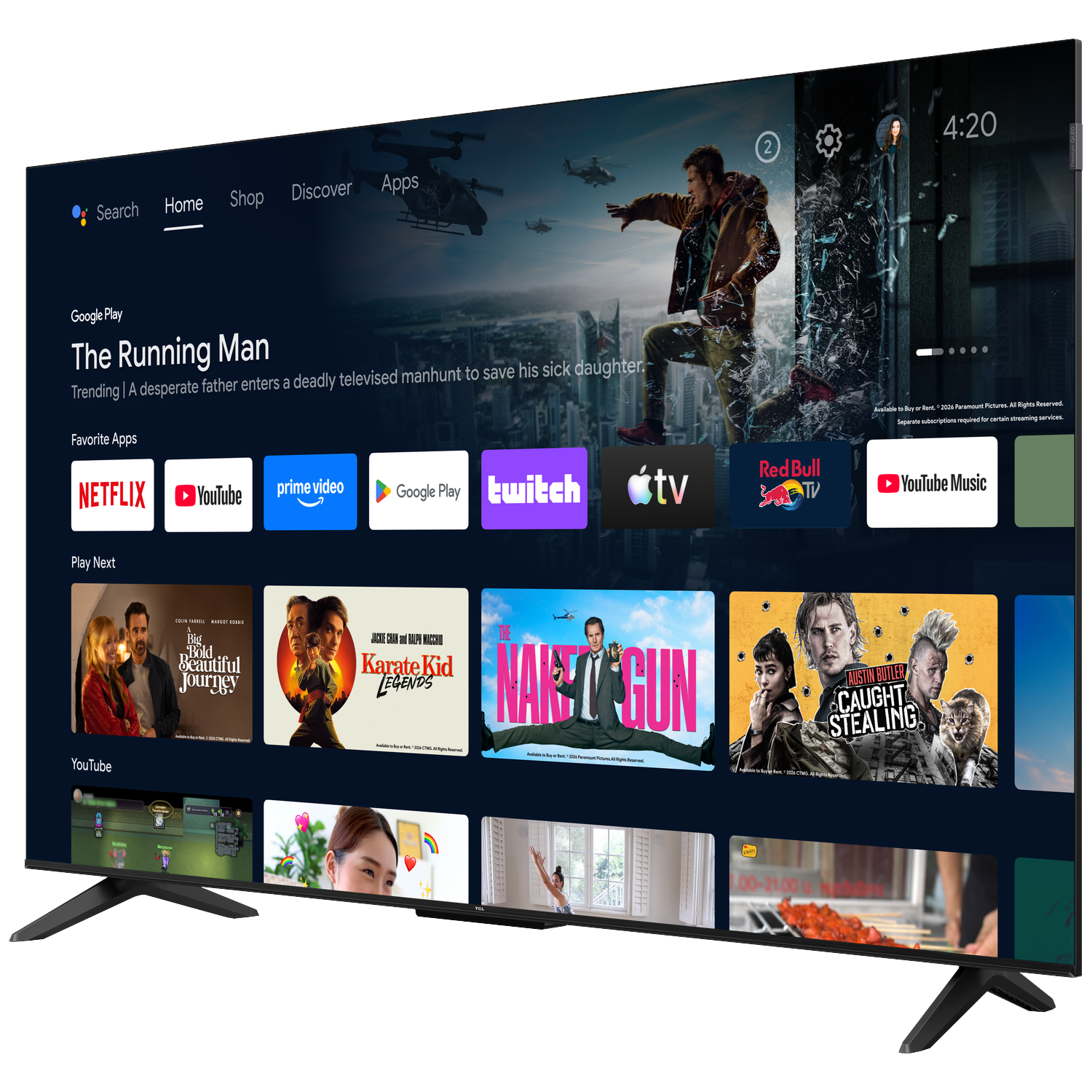Een tv-scherm toont een gebruikersinterface met filmzoek- en app-pictogrammen.