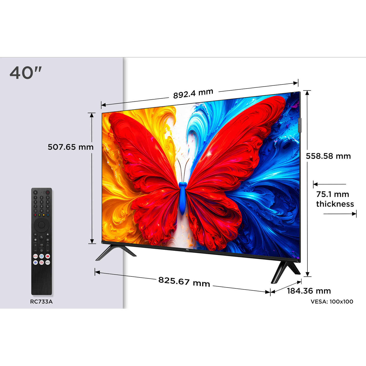 40-inch tv met vlindergrafiek, afmetingen en afstandsbediening.