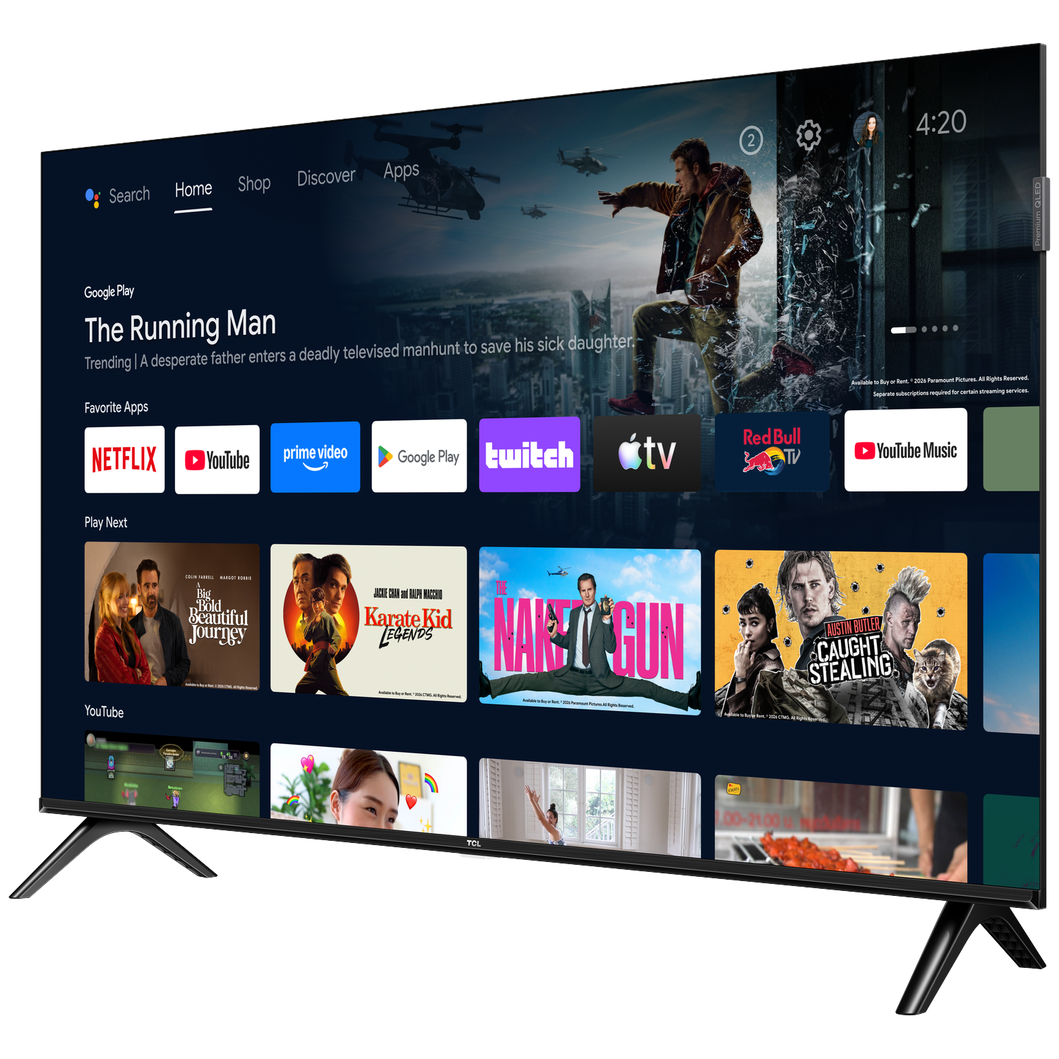 Een tv-scherm toont een app-interface met films en apps zoals Netflix en YouTube.