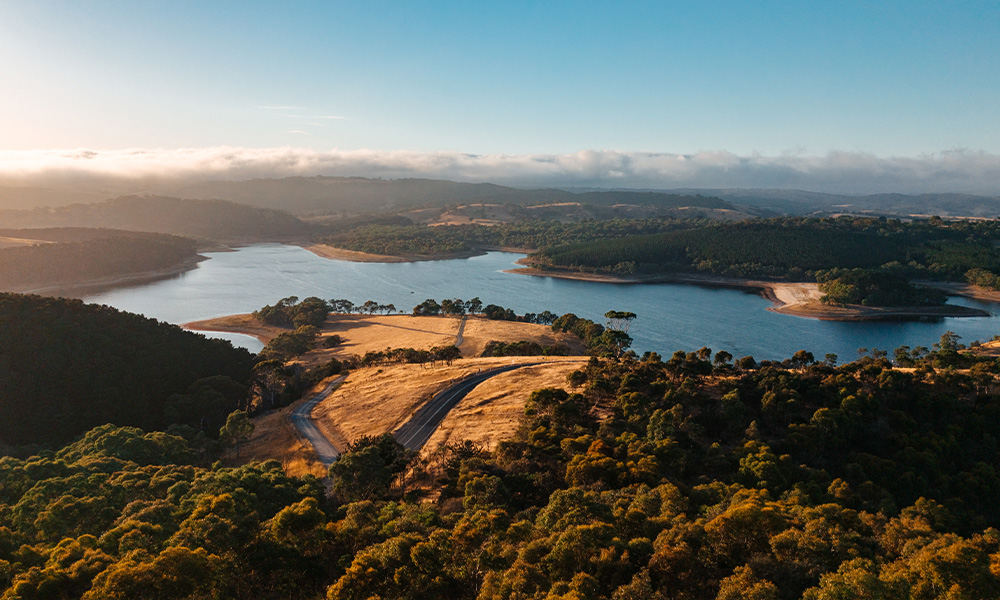 Jezioro wije się wśród pagórkowatych, zalesionych wzgórz o wschodzie słońca.