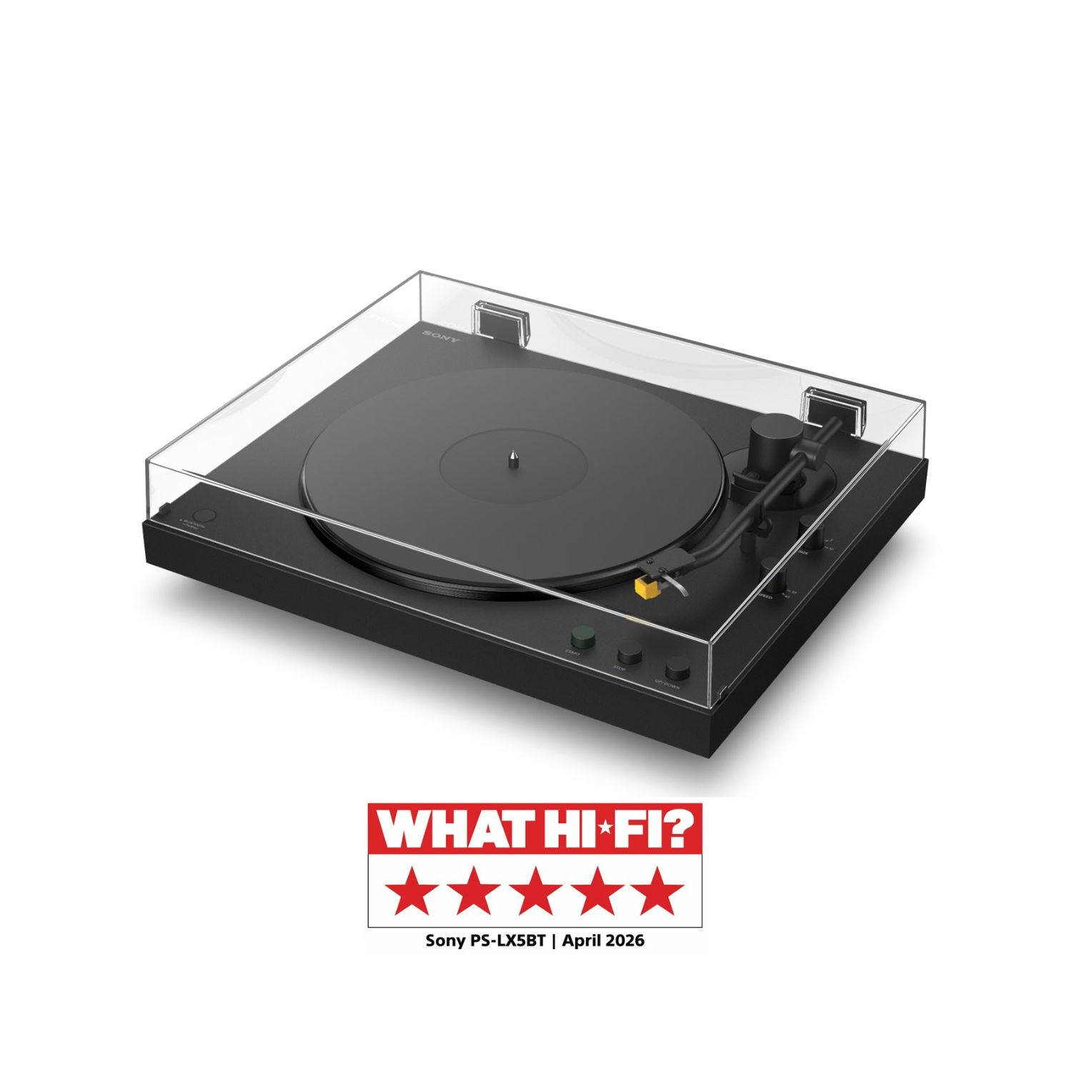 Tocadiscos Sony PS-LX5BT negro con tapa transparente, mostrando disco y brazo.