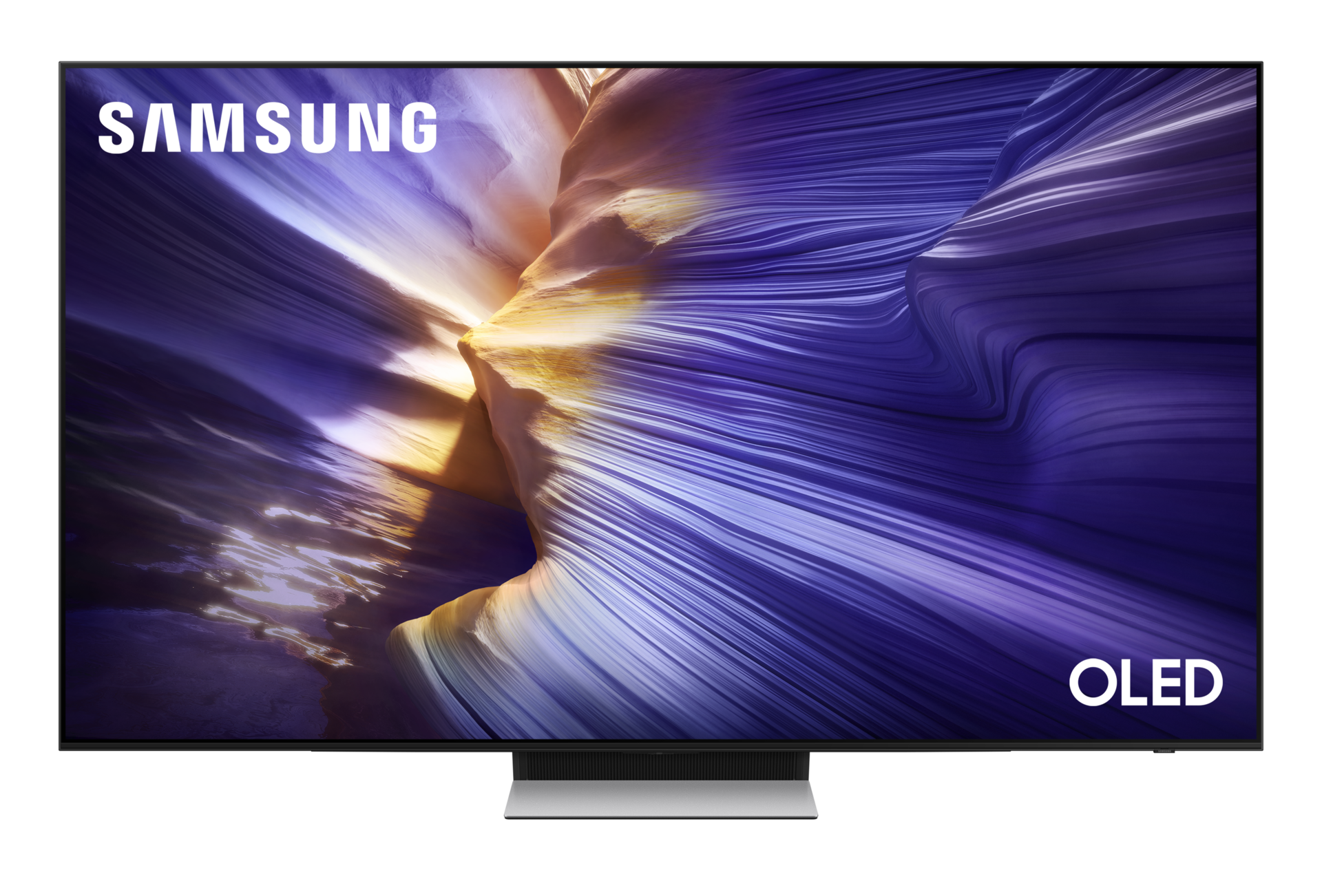 Telewizor Samsung OLED z abstrakcyjną fioletowo-żółtą grafiką tła.