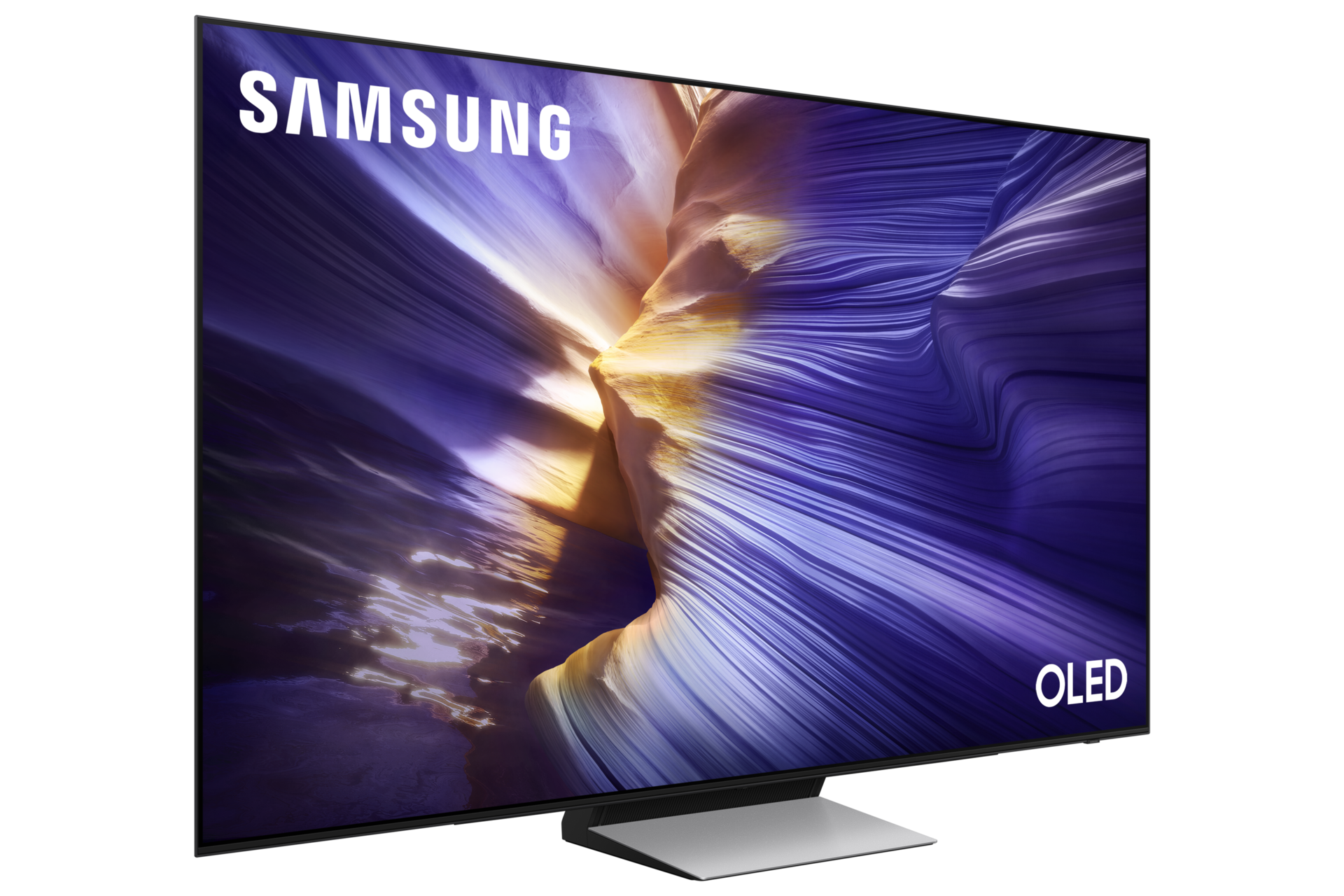 Telewizor Samsung OLED z surrealistycznym krajobrazem na ekranie i srebrną podstawą.