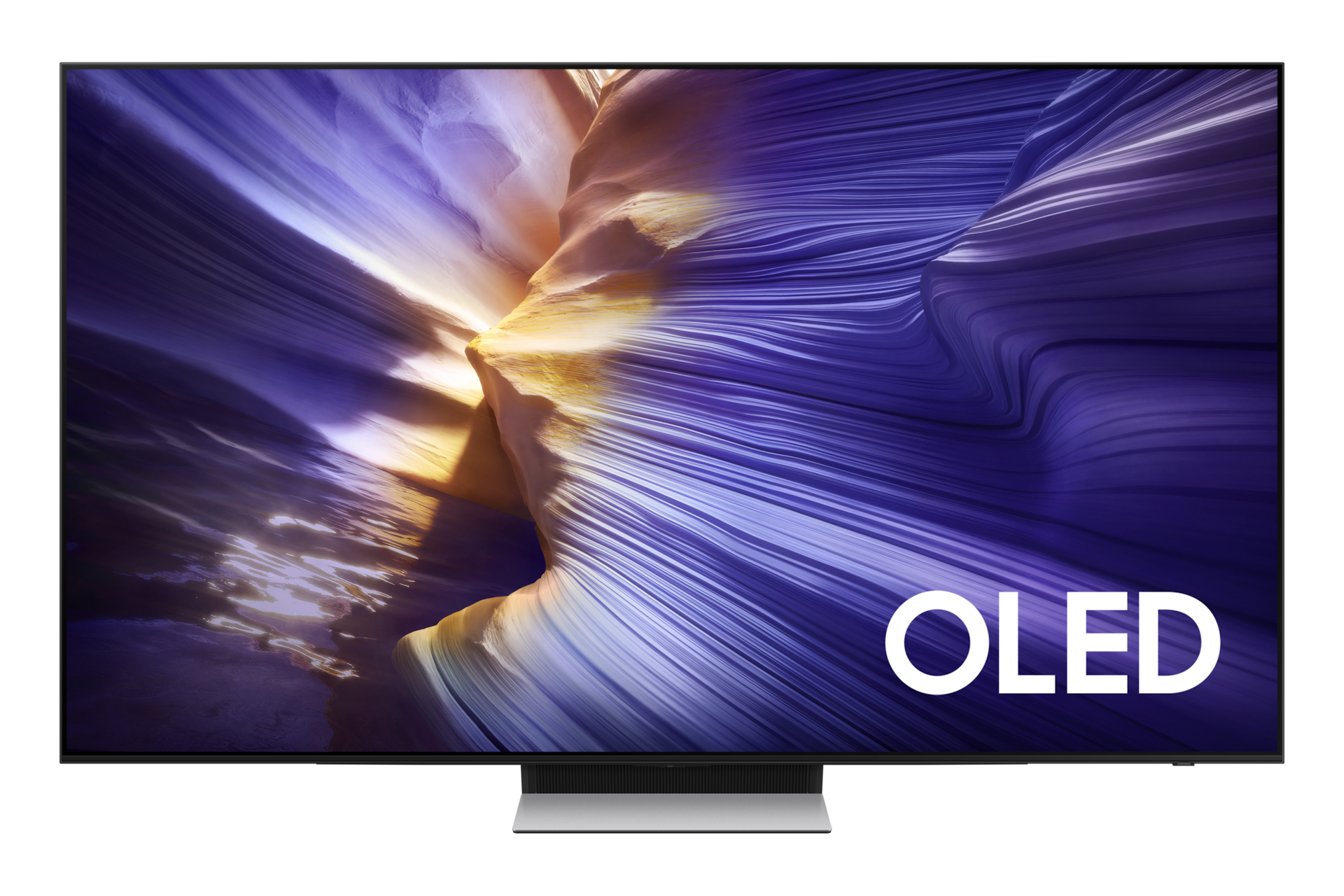 Nowoczesny telewizor OLED z abstrakcyjnym tłem fal w kolorze fioletowym i żółtym.