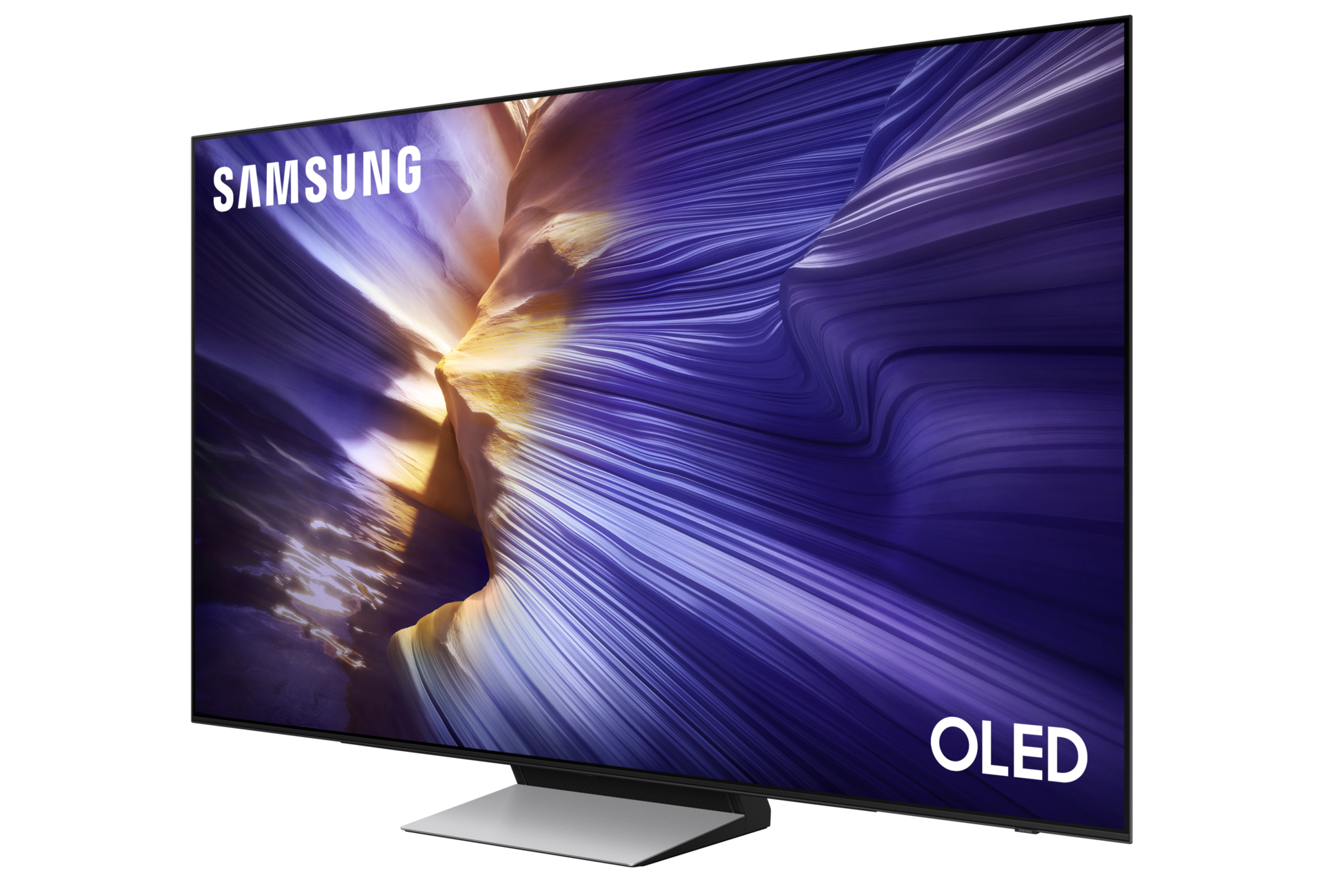 Telewizor Samsung OLED z eleganckim stojakiem i abstrakcyjnym obrazem tła.