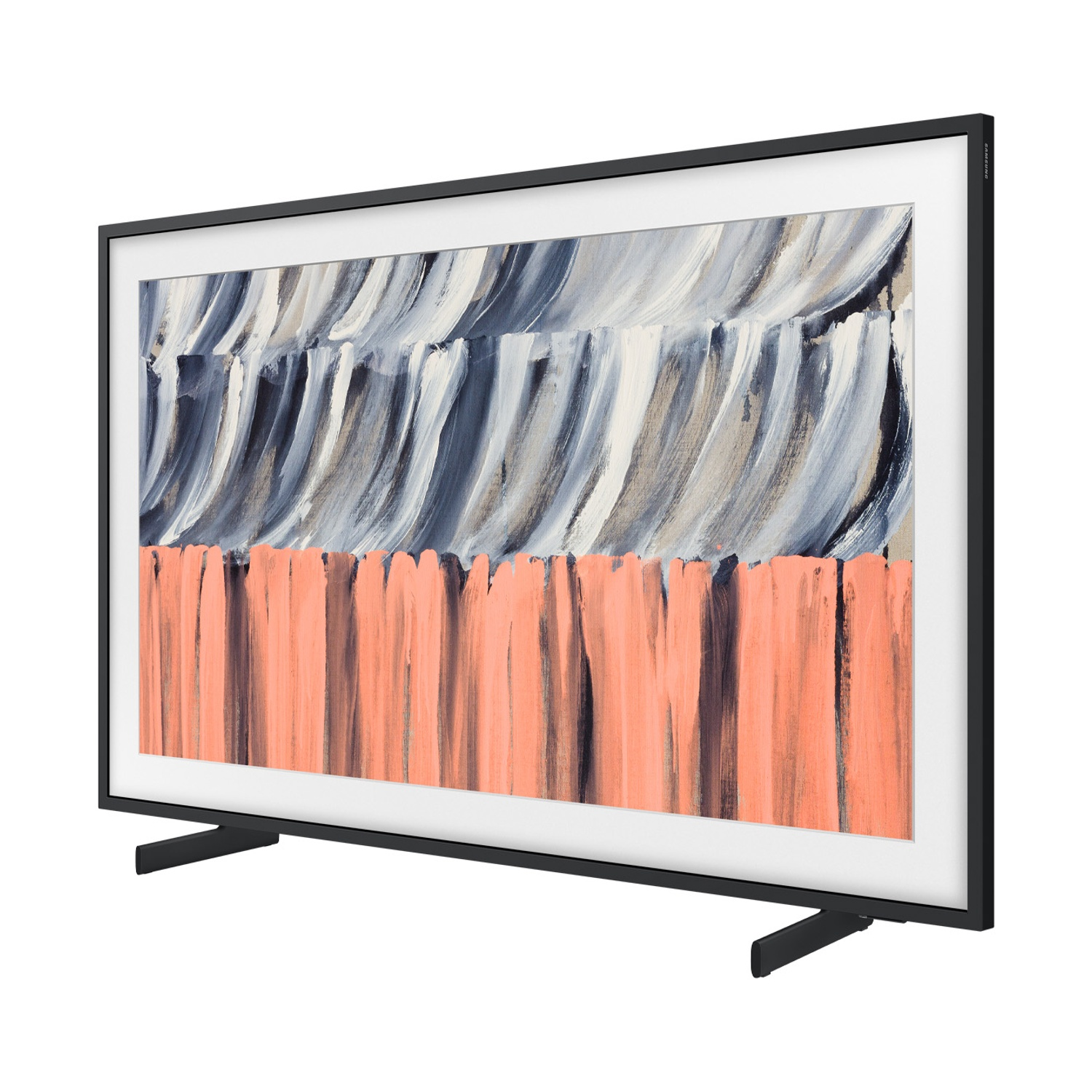 Una TV nera moderna con arte astratta: tratti corallo in basso, pennellate grigie e bianche sopra.
