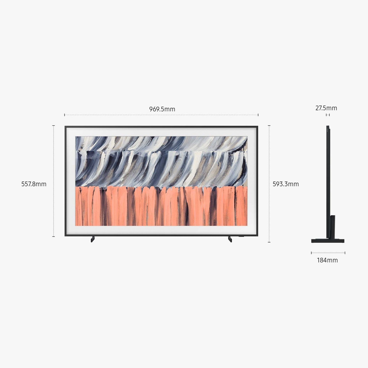 Una TV elegante con opere d'arte, dimensioni 969,5 mm larghezza, 557,8 mm altezza.