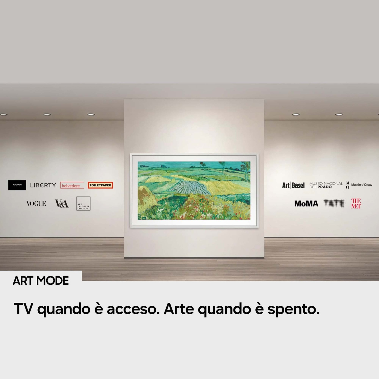 Uno schermo TV mostra un dipinto stile Van Gogh, circondato da loghi.