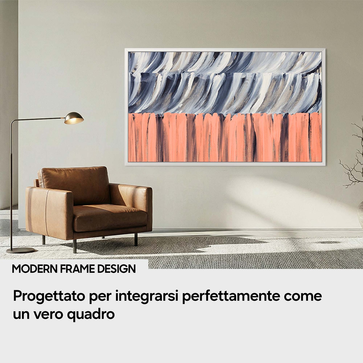 Una poltrona in pelle accanto a un'opera d'arte moderna sul muro.