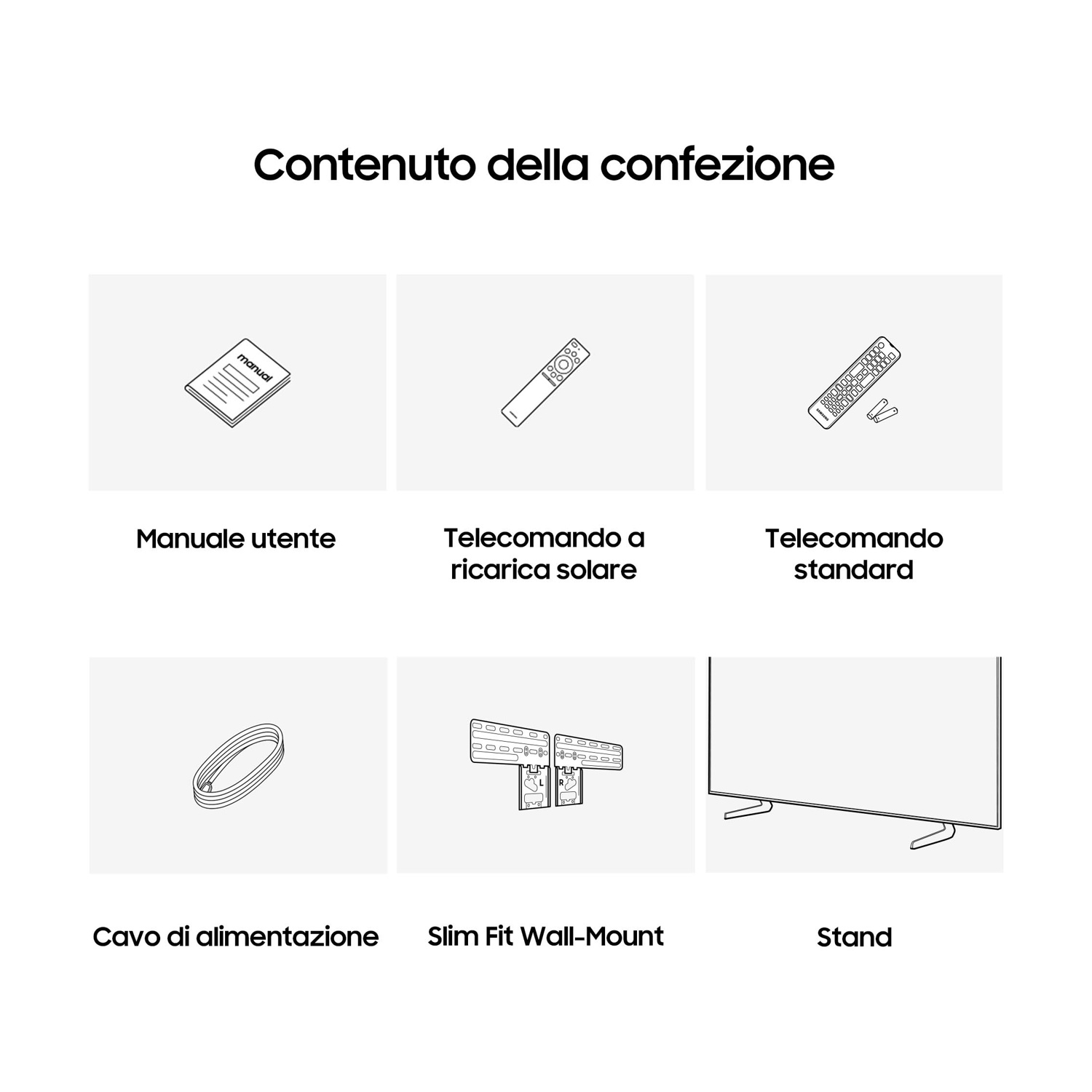 Contenuto della confezione: Manuale, telecomando solare, telecomando standard, cavo alimentazione, supporto muro, stand.