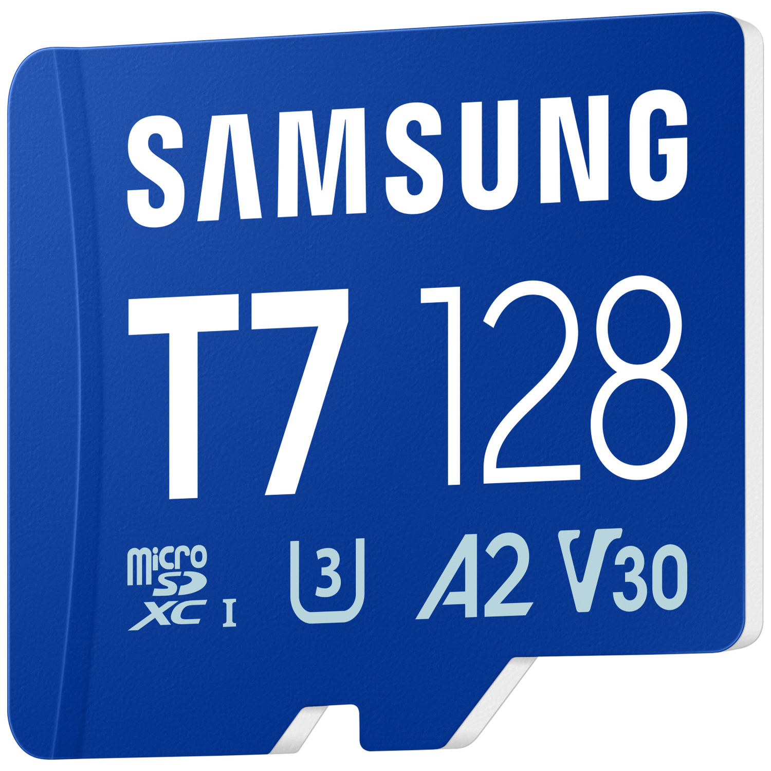 A blue Samsung T7 128 Micro SDXC card with A2 V30 markings.