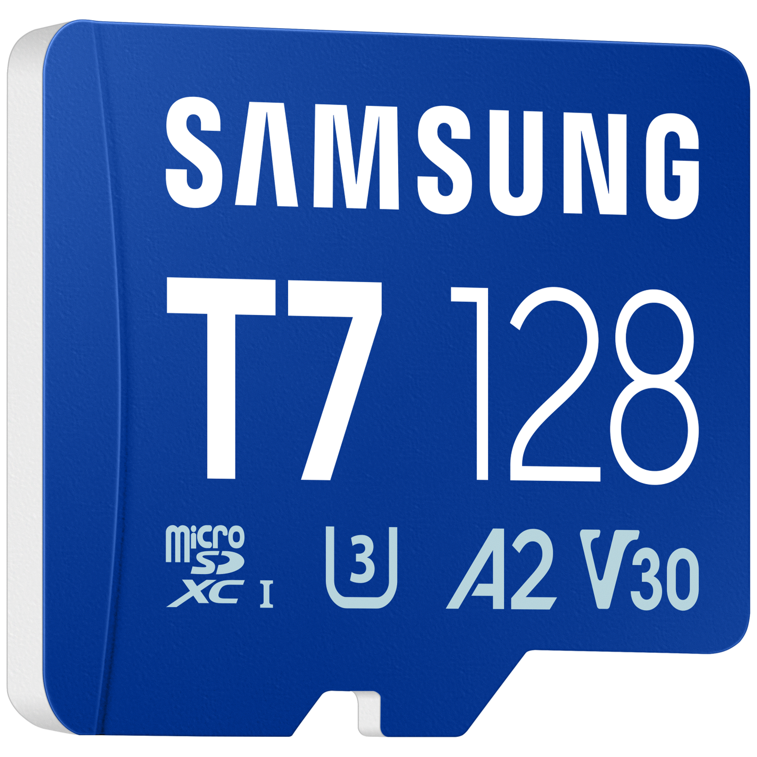Blue Samsung 128GB Micro SD card, T7 model, with A2 and V30 ratings.