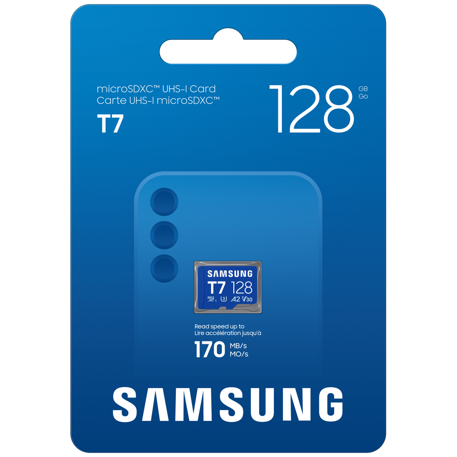 Samsung microSDXC T7 128GB card with UHS-I, 170MB/s read speed.