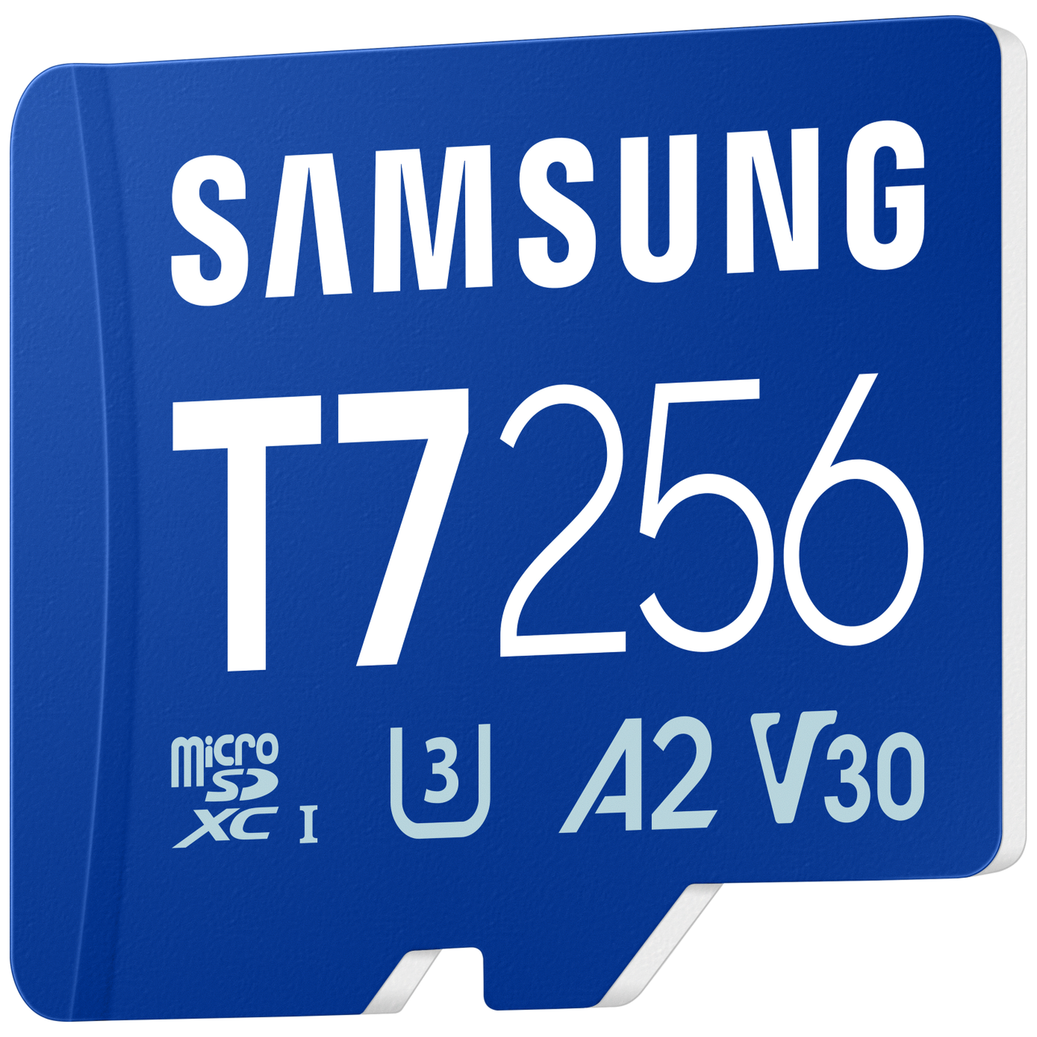 A blue MicroSD card with white text: SAMSUNG T7256, MicroXC I, U3, A2, V30.