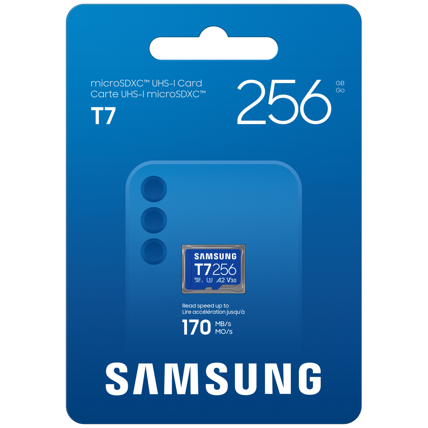 Packaging of a Samsung T7 256 GB microSDXC UHS-I memory card.