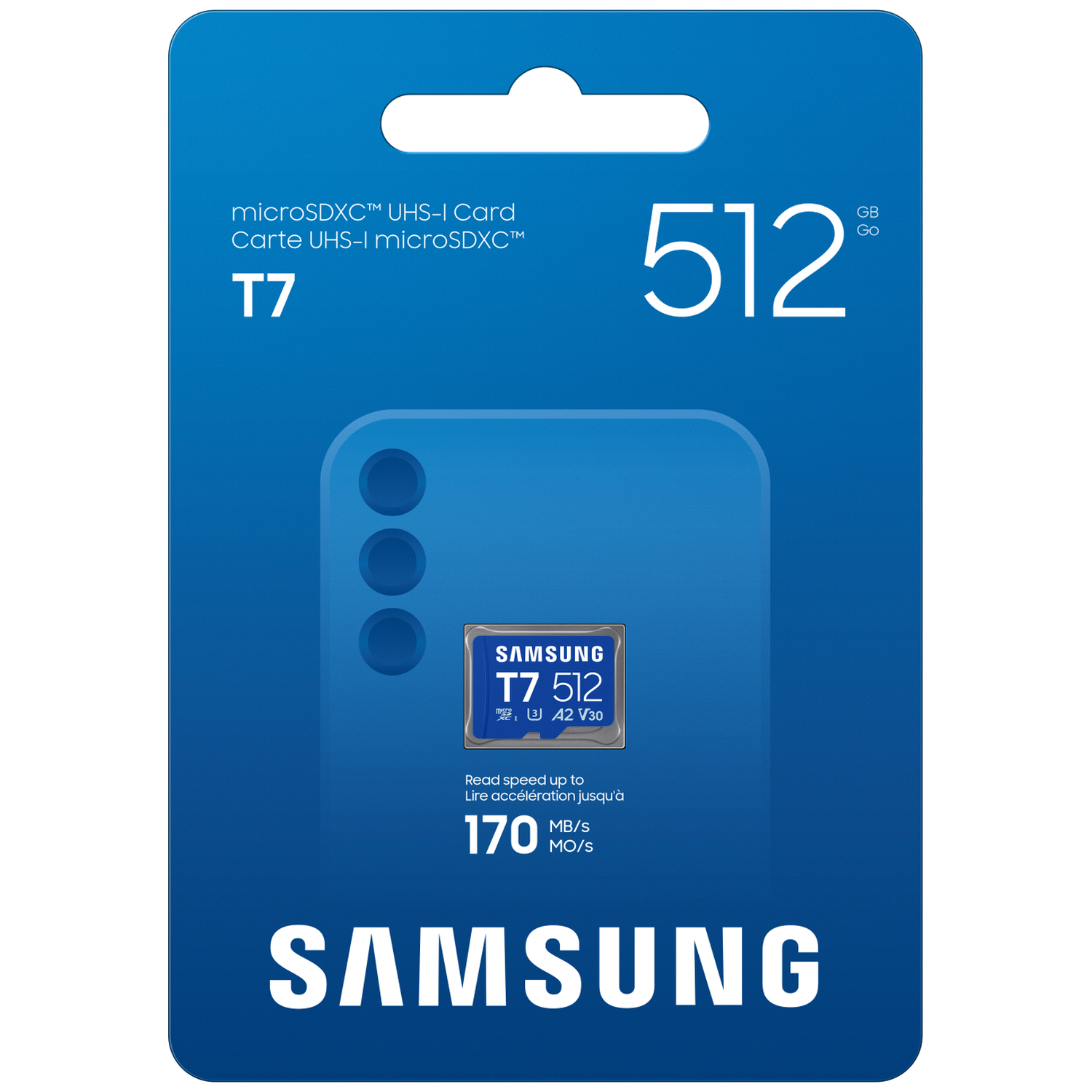 Samsung microSDXC 512GB T7 card with 170MB/s read speed on a blue background.