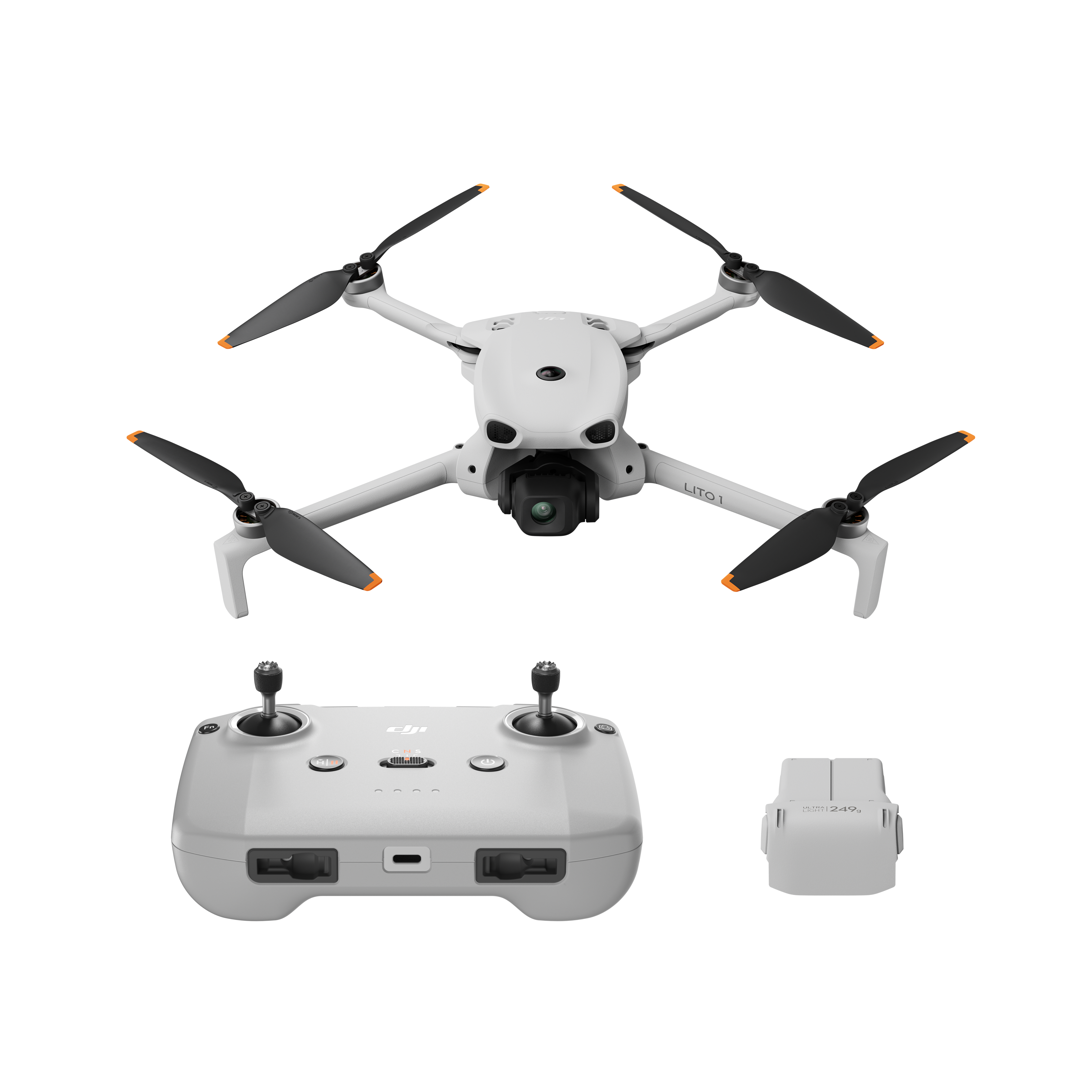 Biały dron DJI Mini z pilotem i baterią na białym tle.